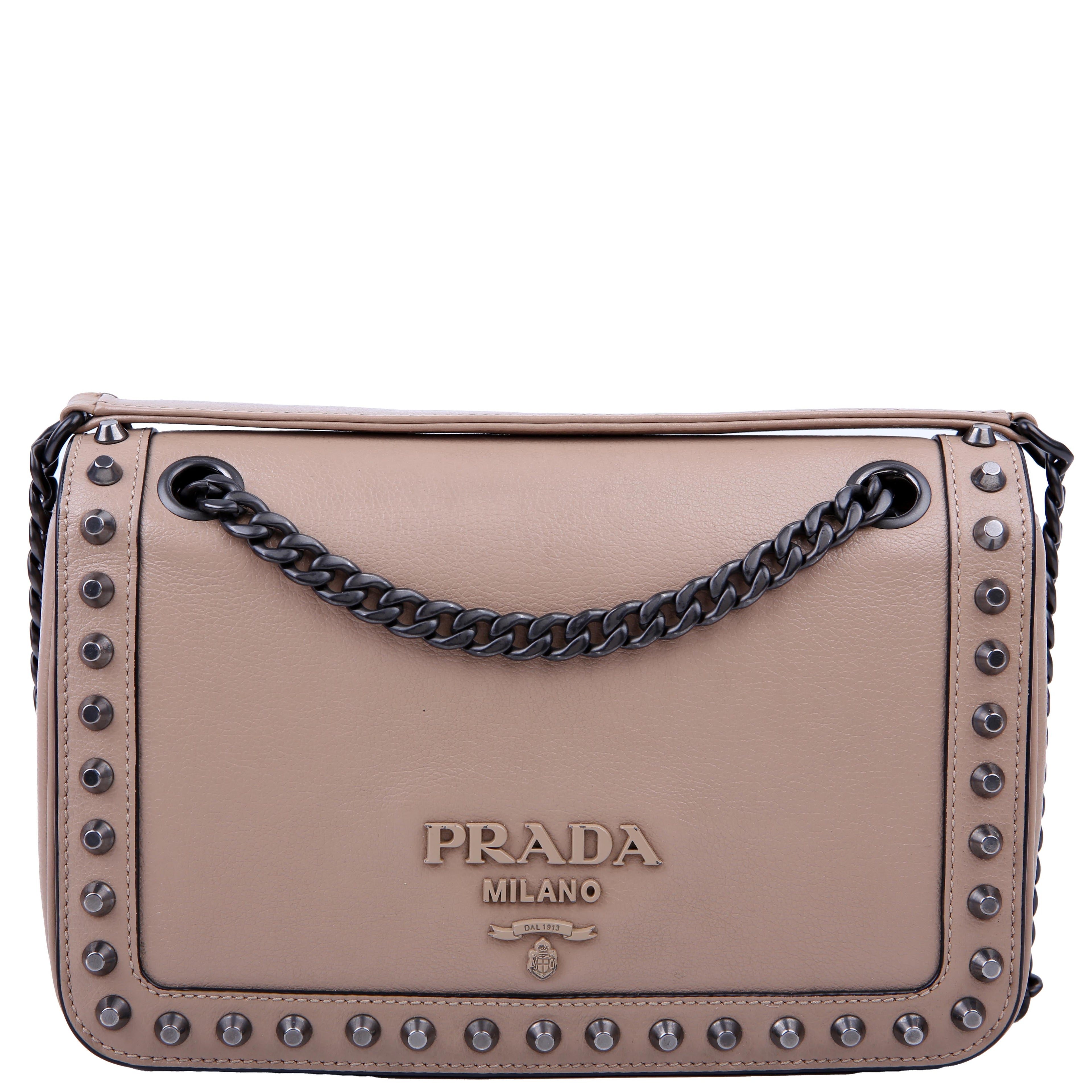 Prada Grace Calfskin Studded Crossbody Tan