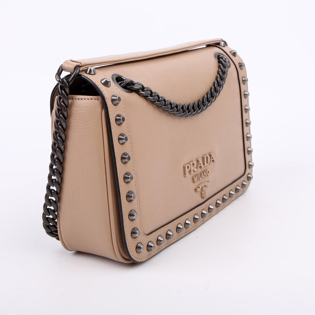 Prada Grace Calfskin Studded Crossbody Tan