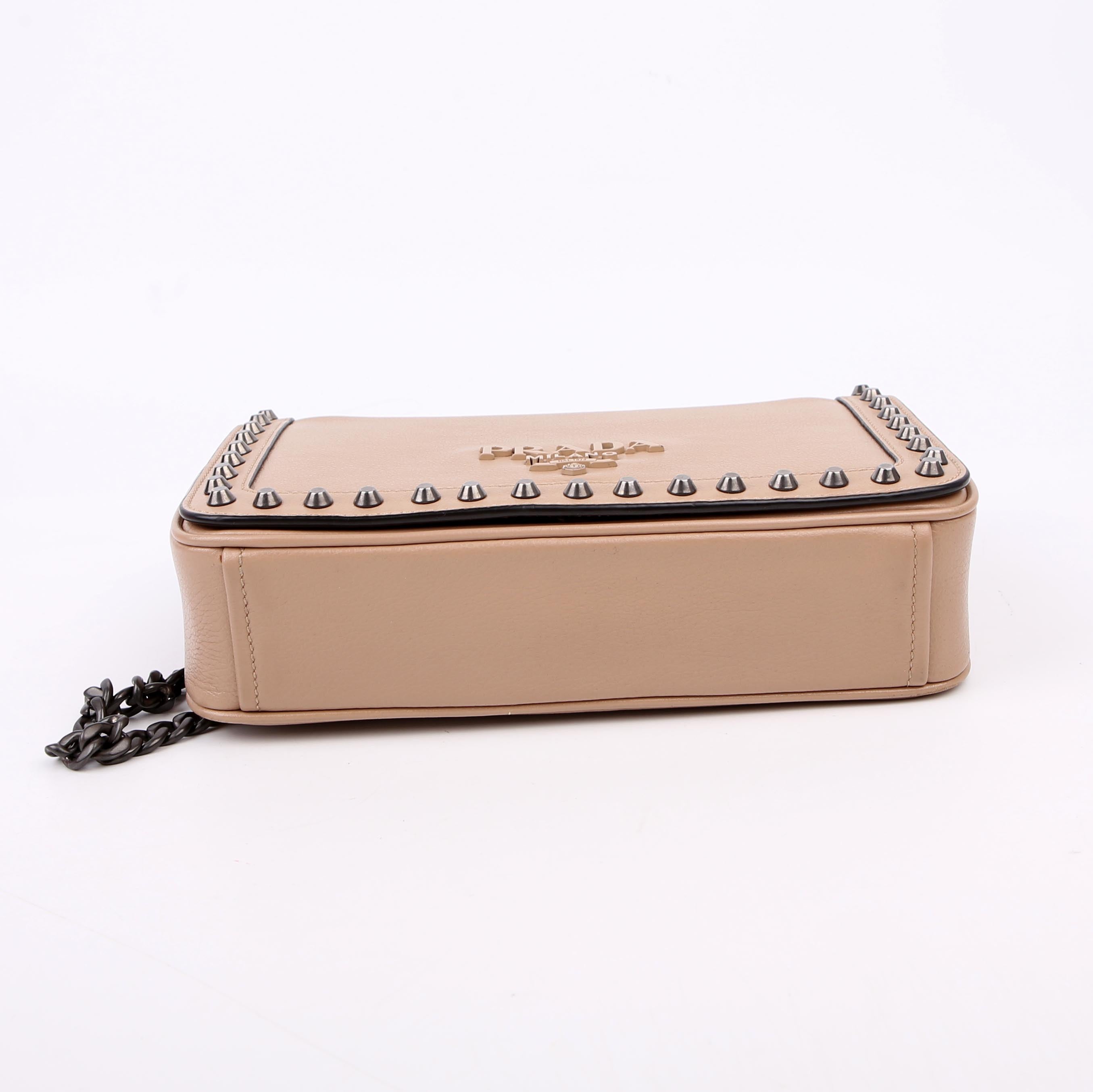 Prada Grace Calfskin Studded Crossbody Tan