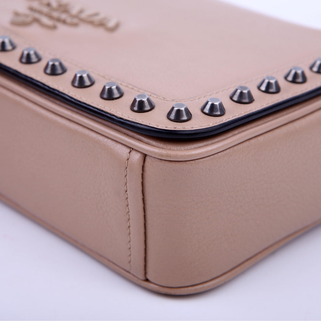 Prada Grace Calfskin Studded Crossbody Tan