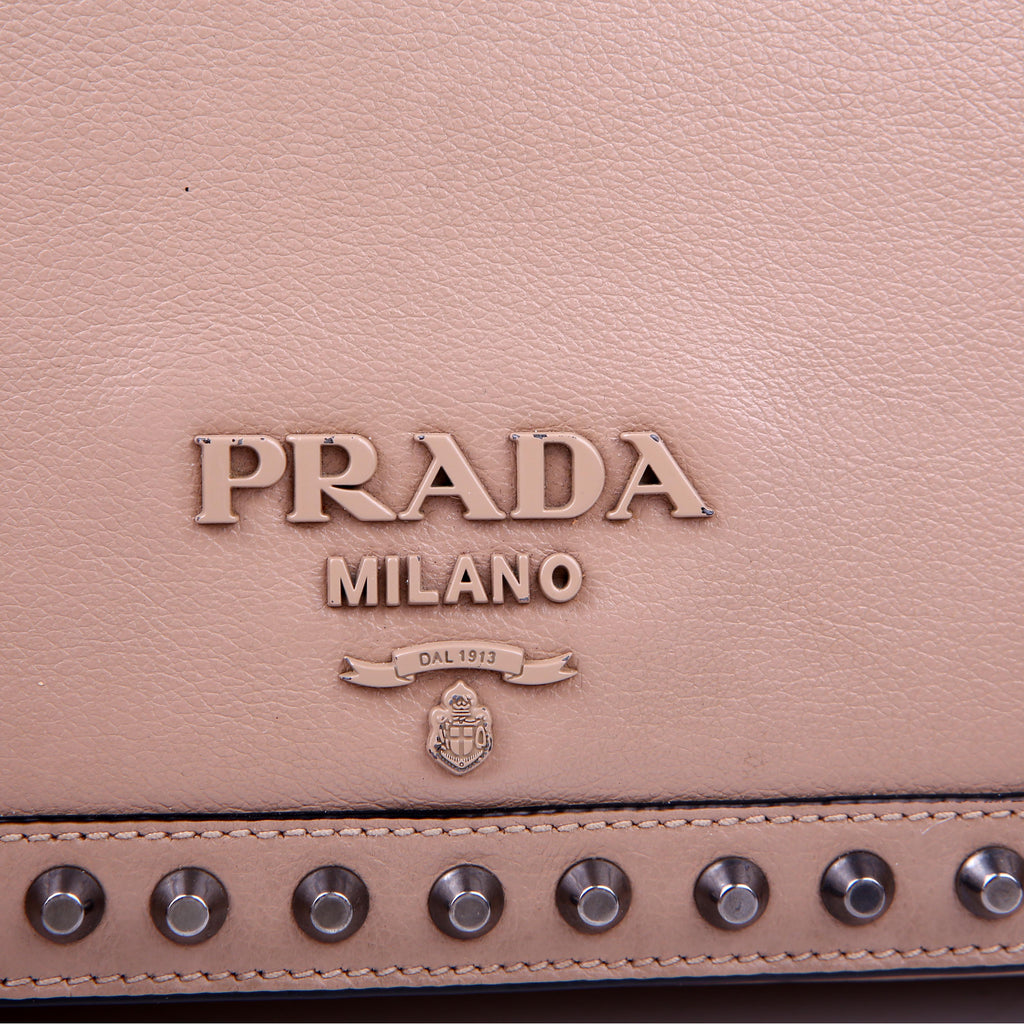 Prada Grace Calfskin Studded Crossbody Tan