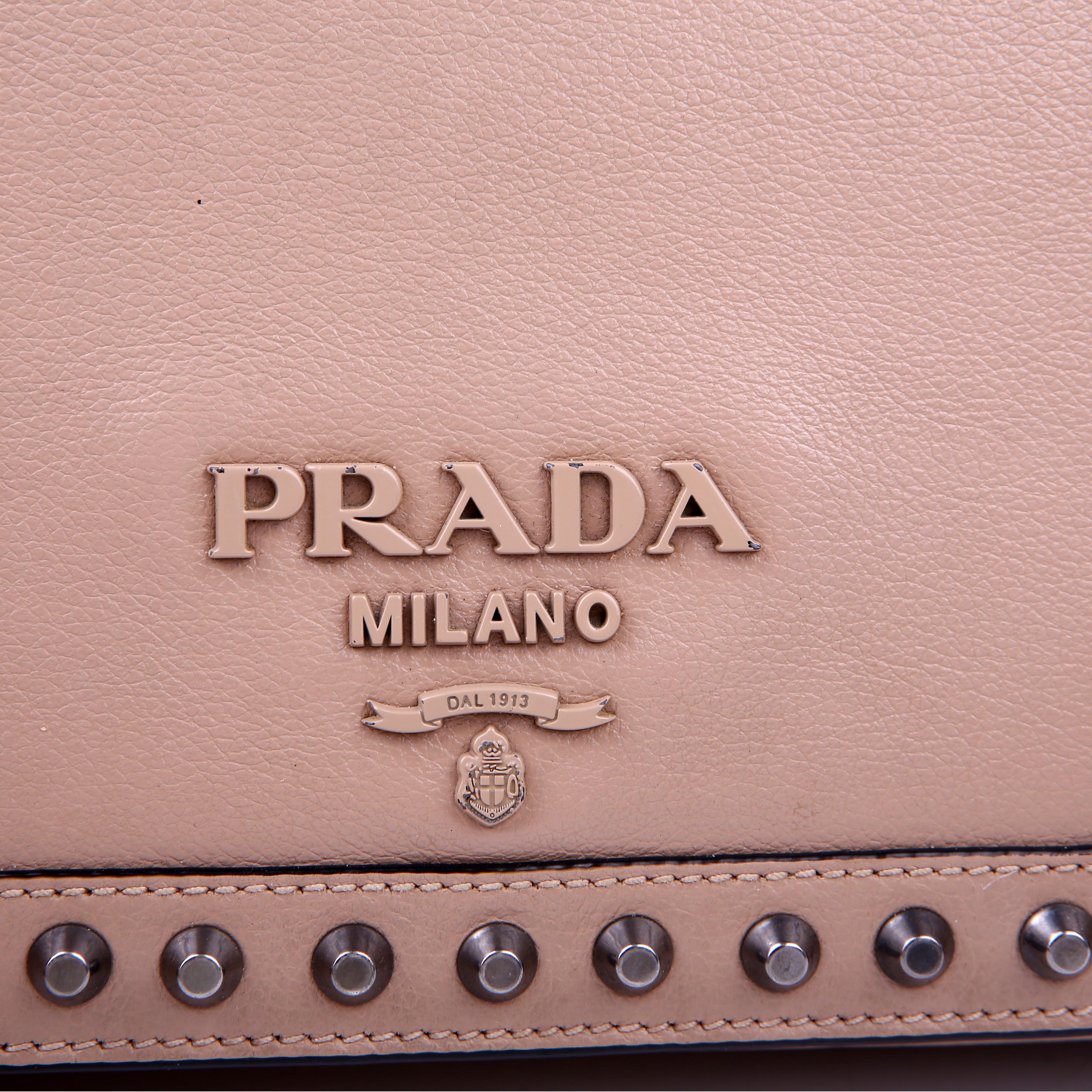 Prada Grace Calfskin Studded Crossbody Tan