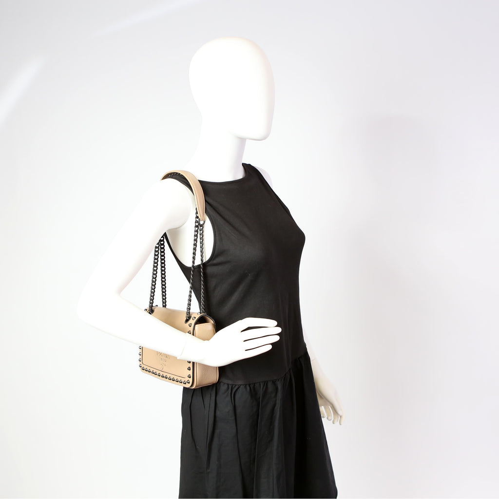 Prada Grace Calfskin Studded Crossbody Tan