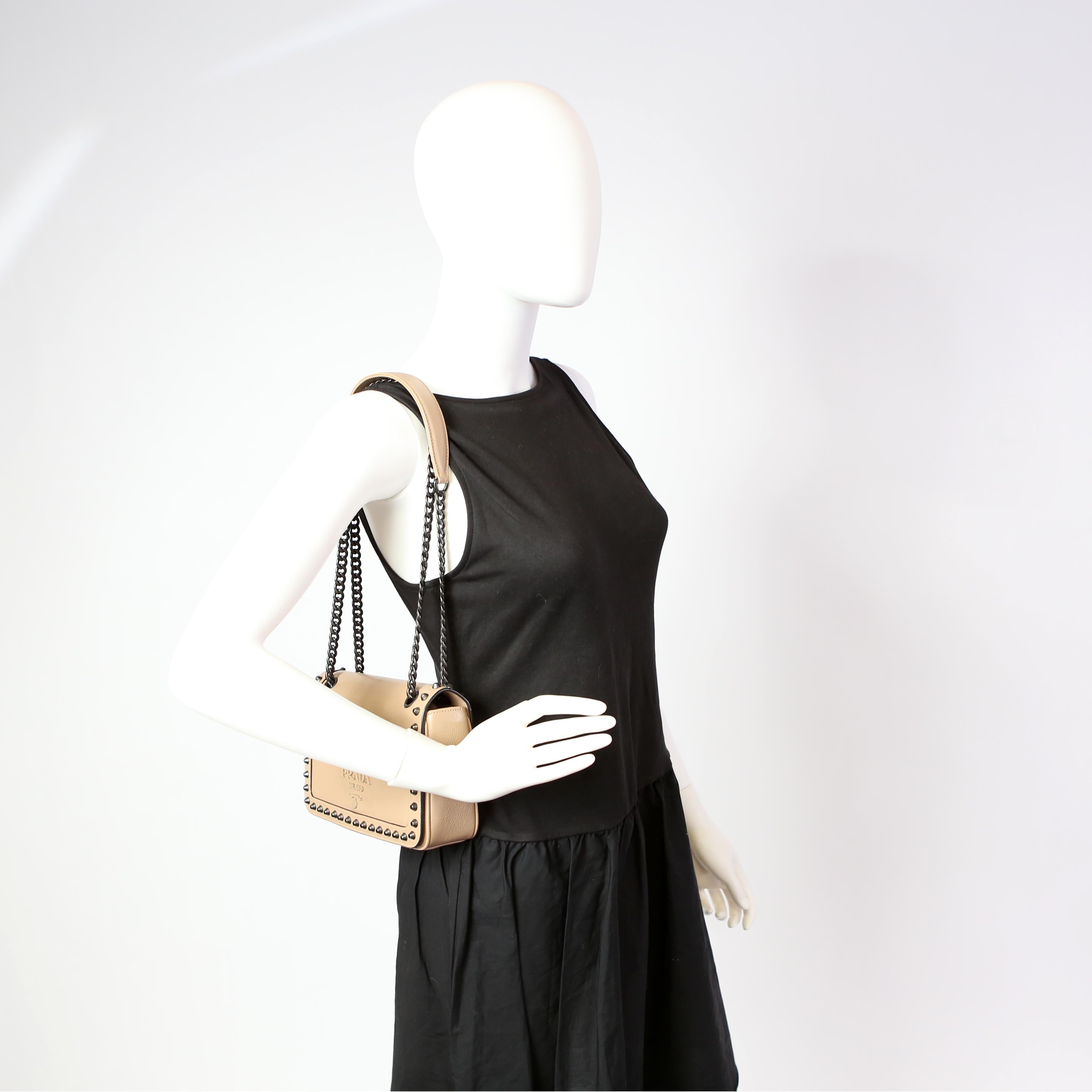 Prada Grace Calfskin Studded Crossbody Tan