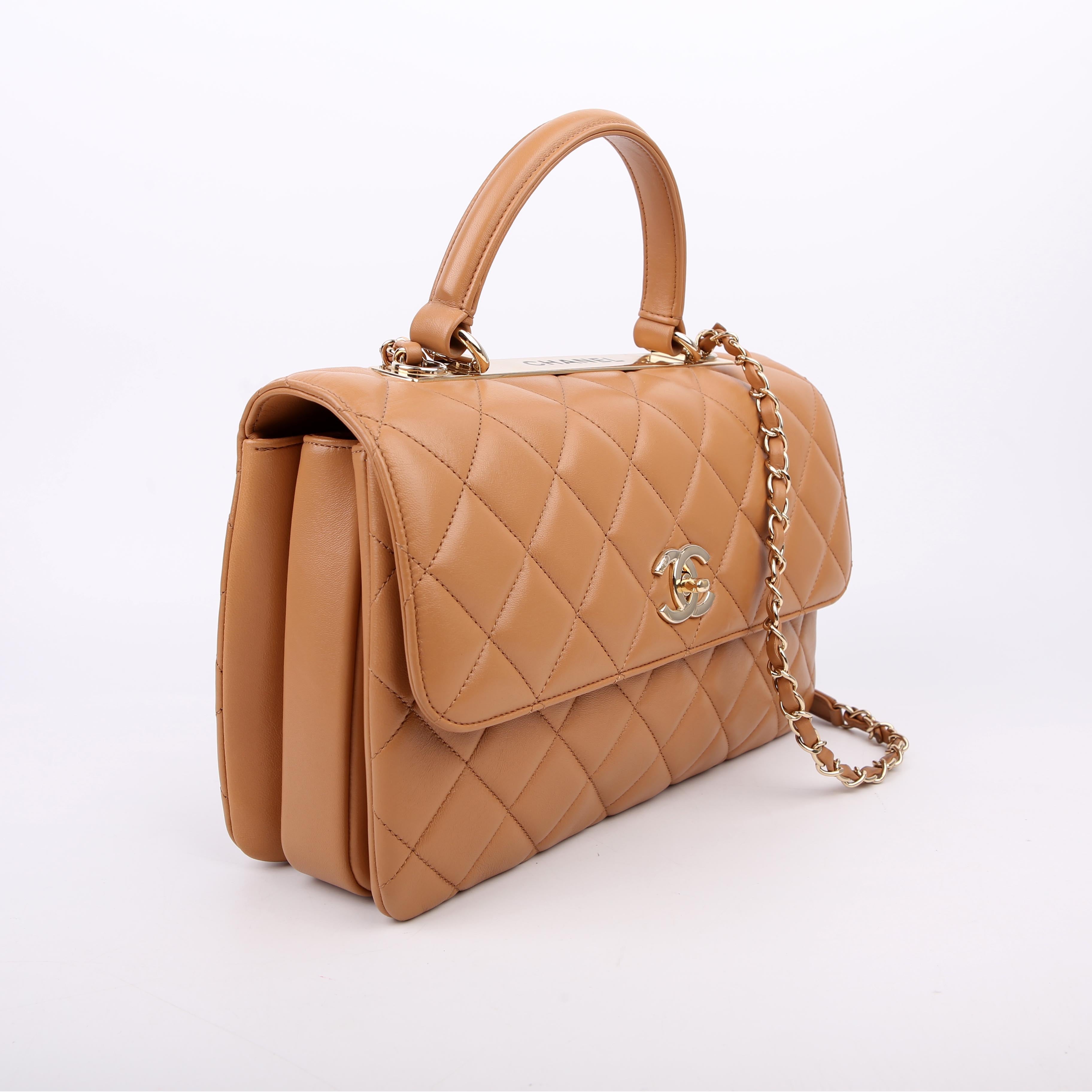 Trendy Top Handle Medium Lambskin 28M Tan
