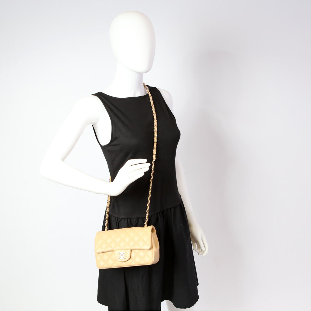 Classic Flap Mini Rectangle Lambskin RFID Beige