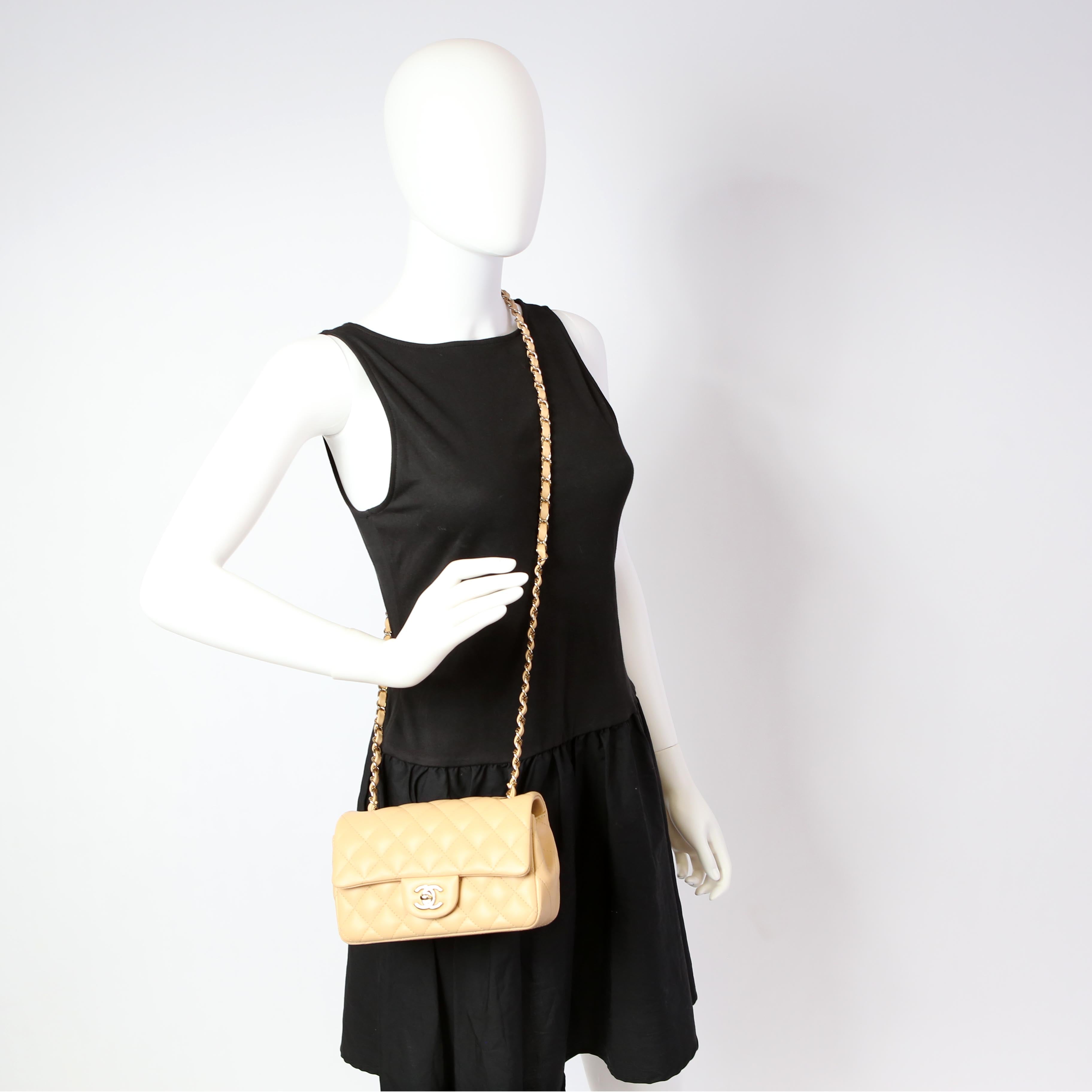 Classic Flap Mini Rectangle Lambskin RFID Beige