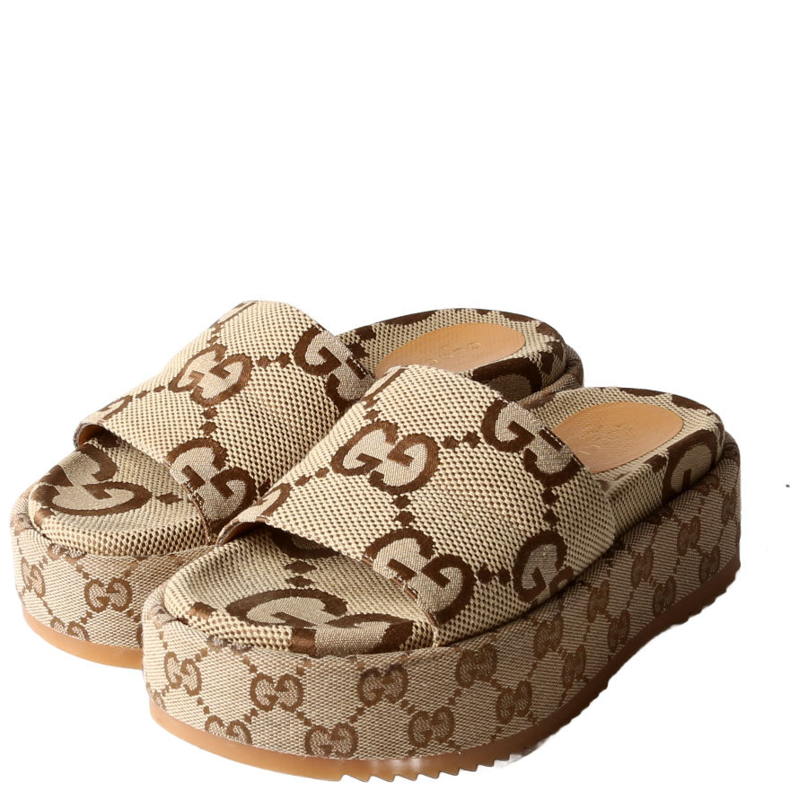 Gucci GG Canvas Platform Slides Beige/Brown