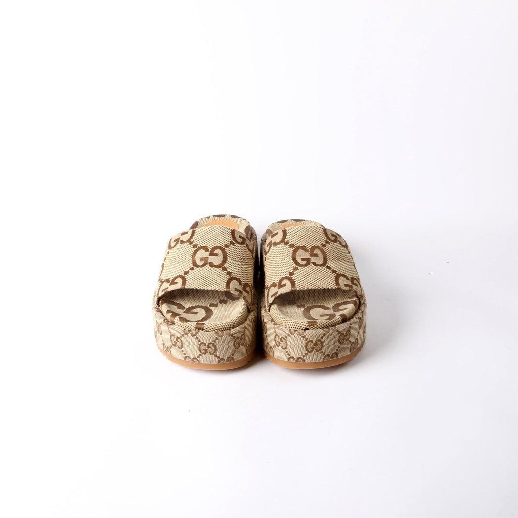 Gucci GG Canvas Platform Slides Beige/Brown