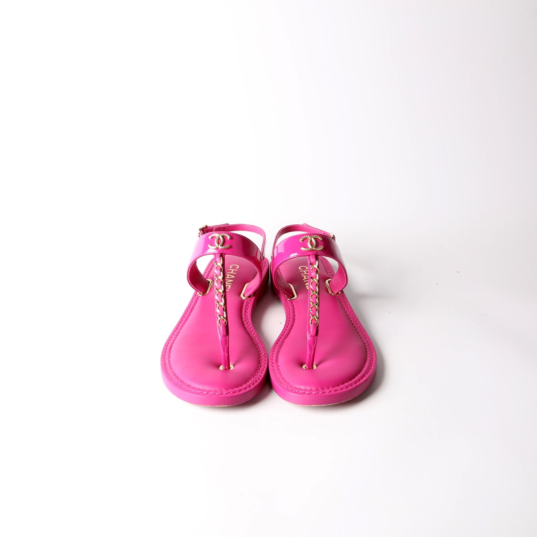 CC Logo Chain T-Strap Sandals size 38.5 Pink/Gold