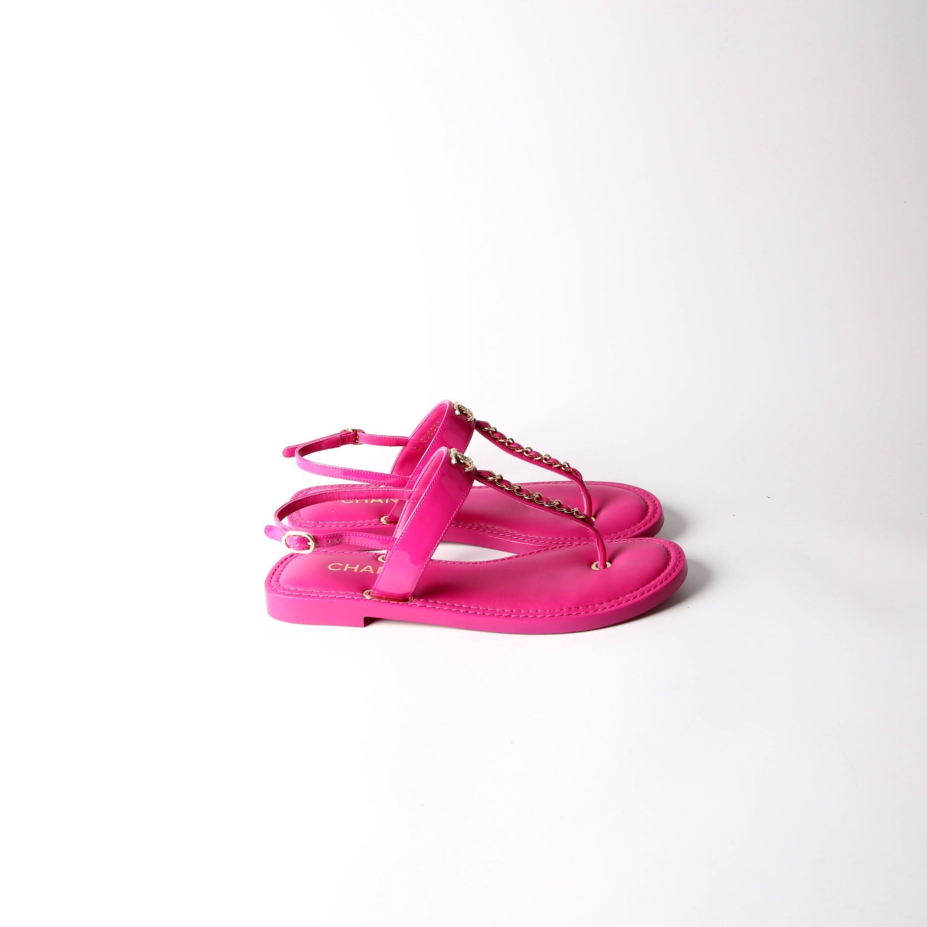 CC Logo Chain T-Strap Sandals size 38.5 Pink/Gold
