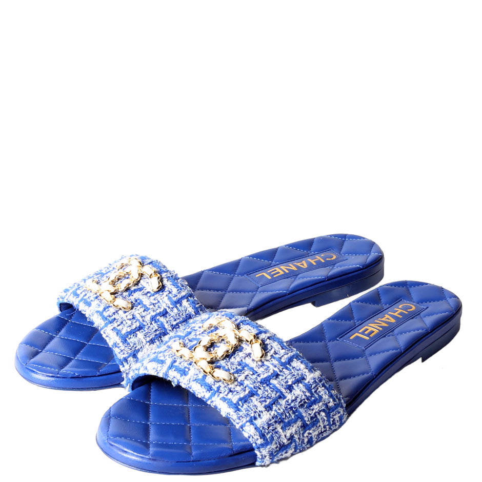 CC Logo Tweed Slid Sandals Size 38.5 Blue