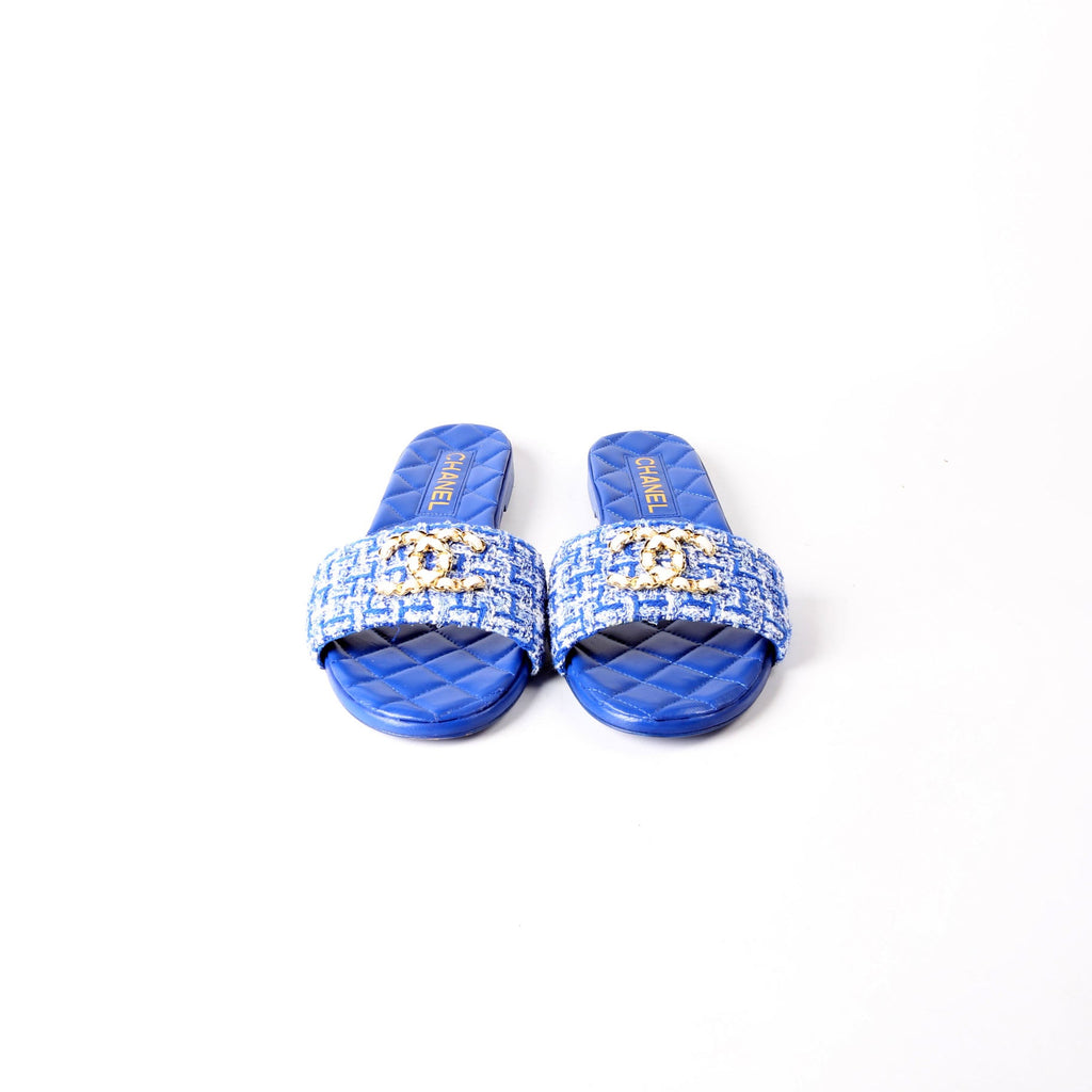 CC Logo Tweed Slid Sandals Size 38.5 Blue