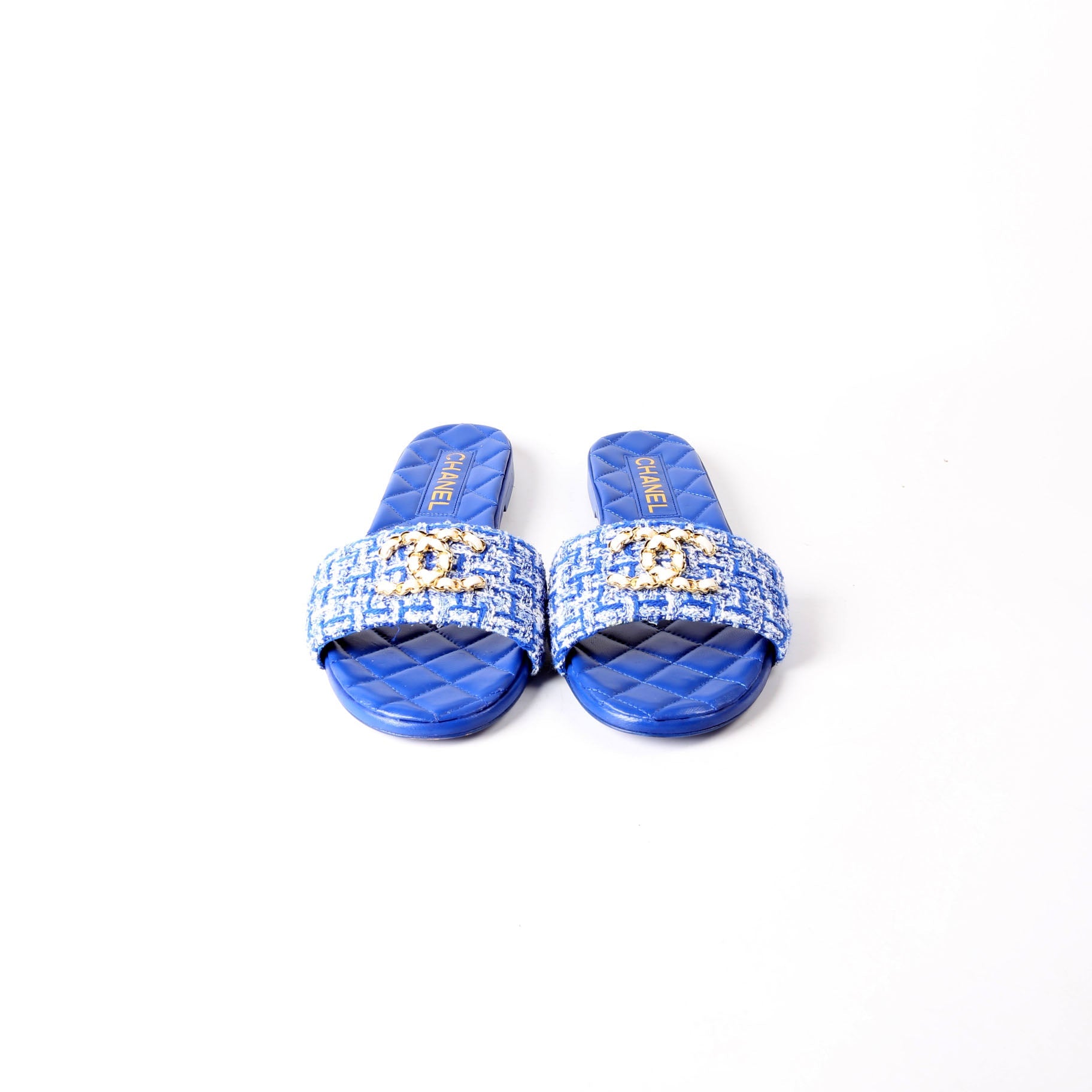 CC Logo Tweed Slid Sandals Size 38.5 Blue