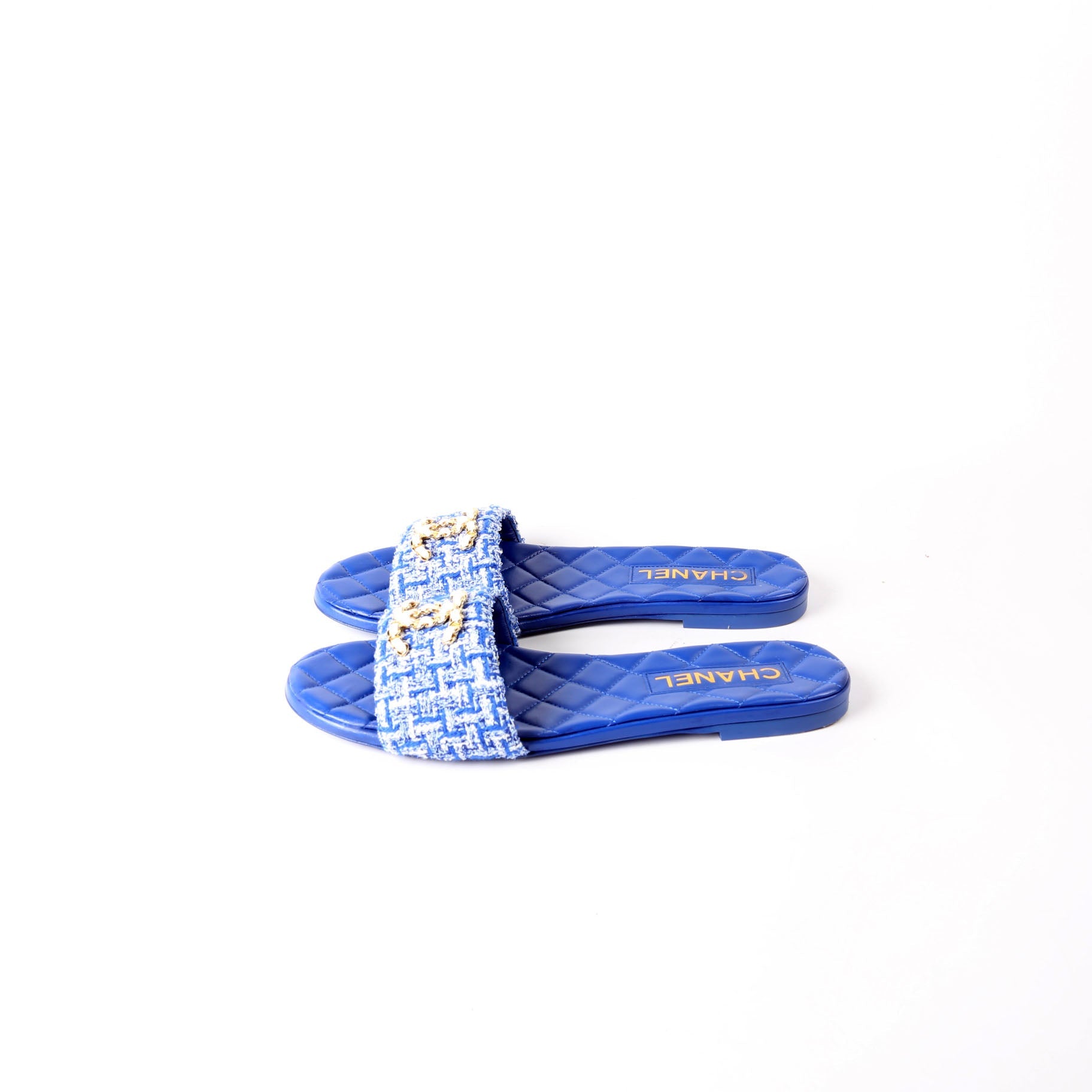 CC Logo Tweed Slid Sandals Size 38.5 Blue