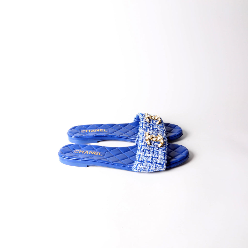 CC Logo Tweed Slid Sandals Size 38.5 Blue