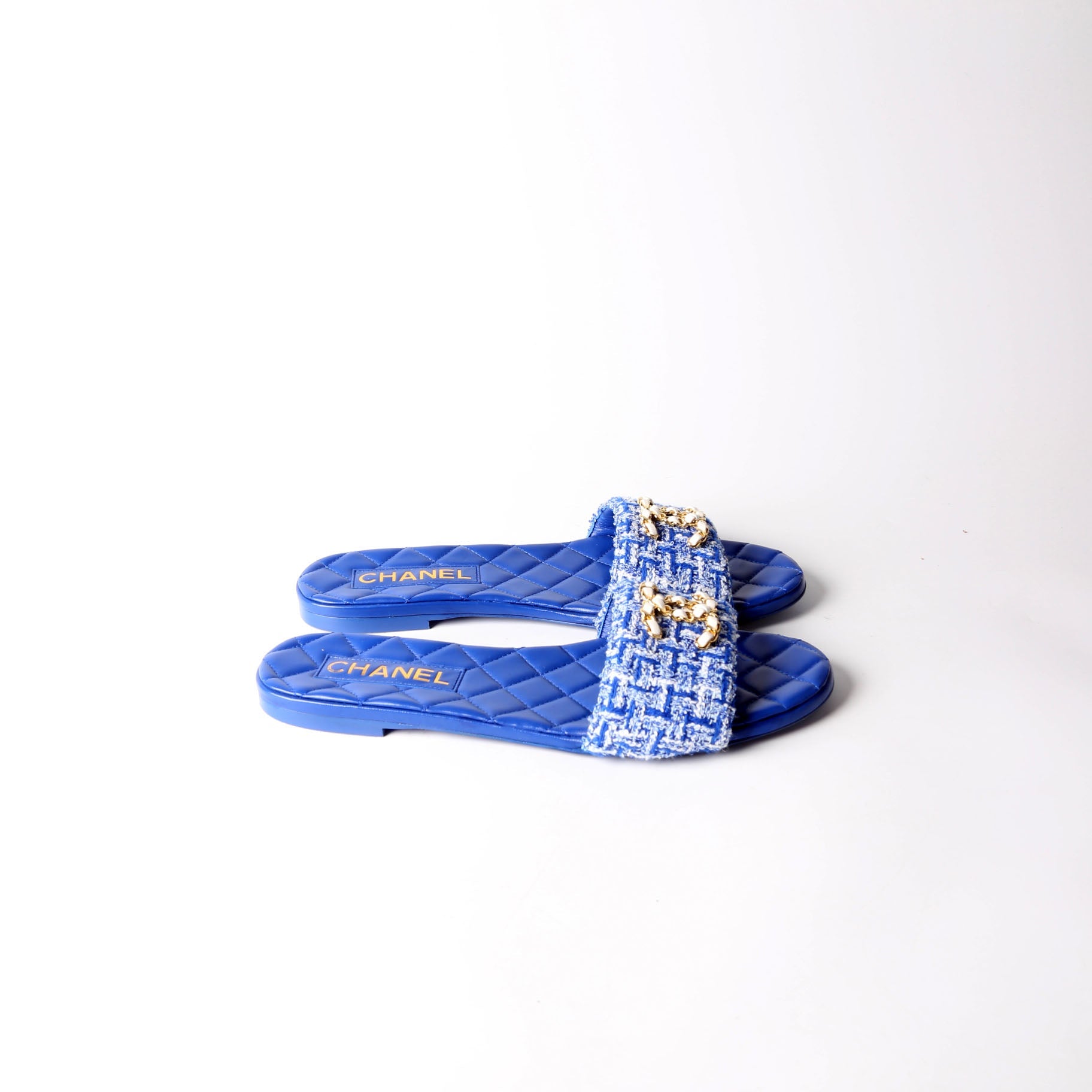 CC Logo Tweed Slid Sandals Size 38.5 Blue