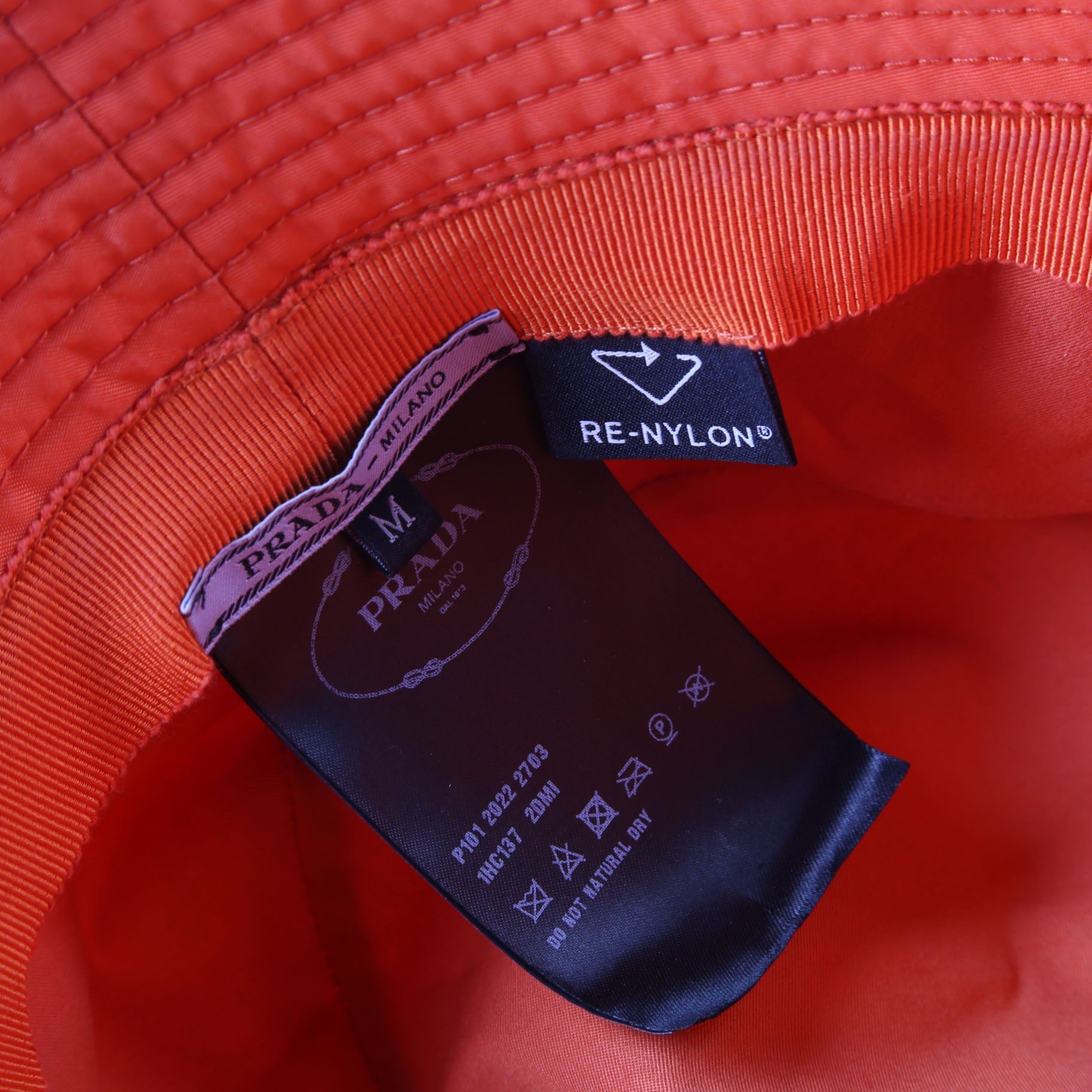 Prada 1HC137 Re-Nylon Triangle Logo Bucket Hat Size Medium Orange