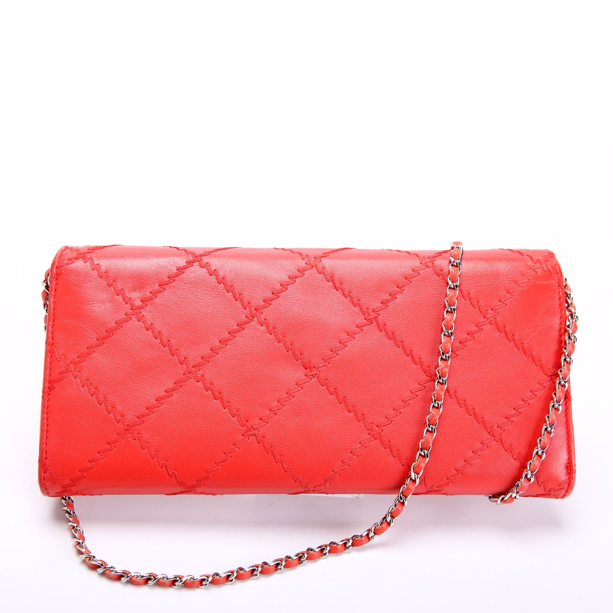 CC Quilted East/West Flap Clutch Lambskin 14M Red/Silver