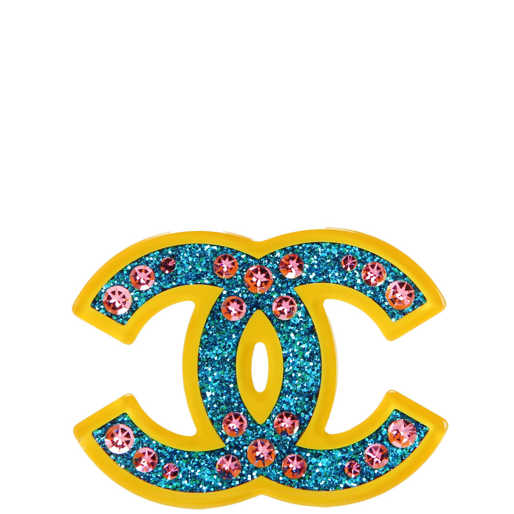 CC Glitter Resin With Crystals Brooch Yellow/Blue