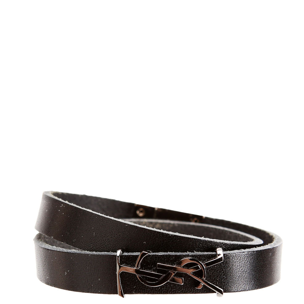 SAINT LAURENT Leather Opyum Double Wrap Bracelet Black