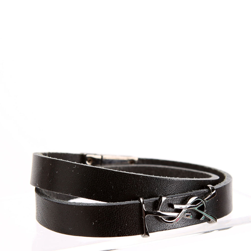 SAINT LAURENT Leather Opyum Double Wrap Bracelet Black