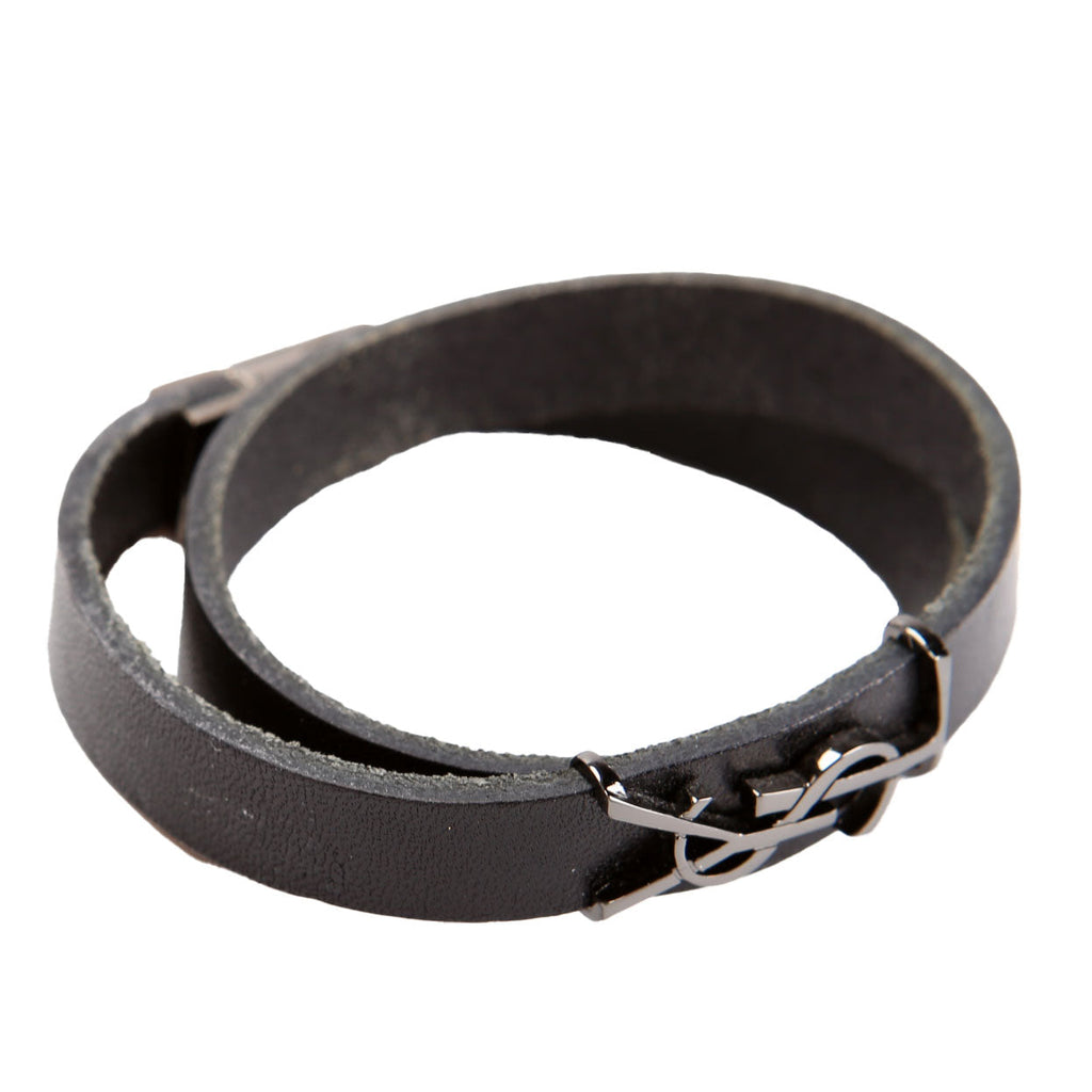 SAINT LAURENT Leather Opyum Double Wrap Bracelet Black