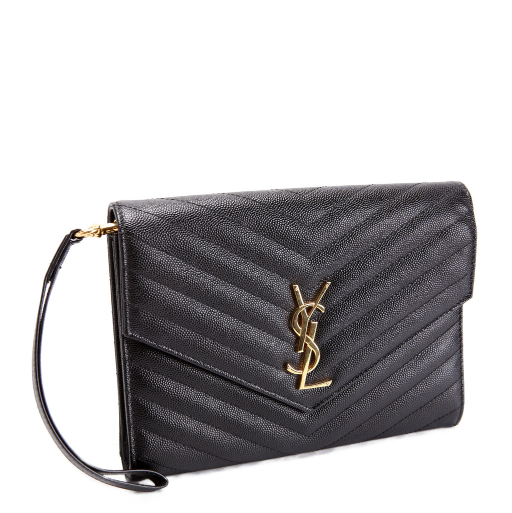 SAINT LAURENT 617662 Grain De Envelope Clutch Black/Gold