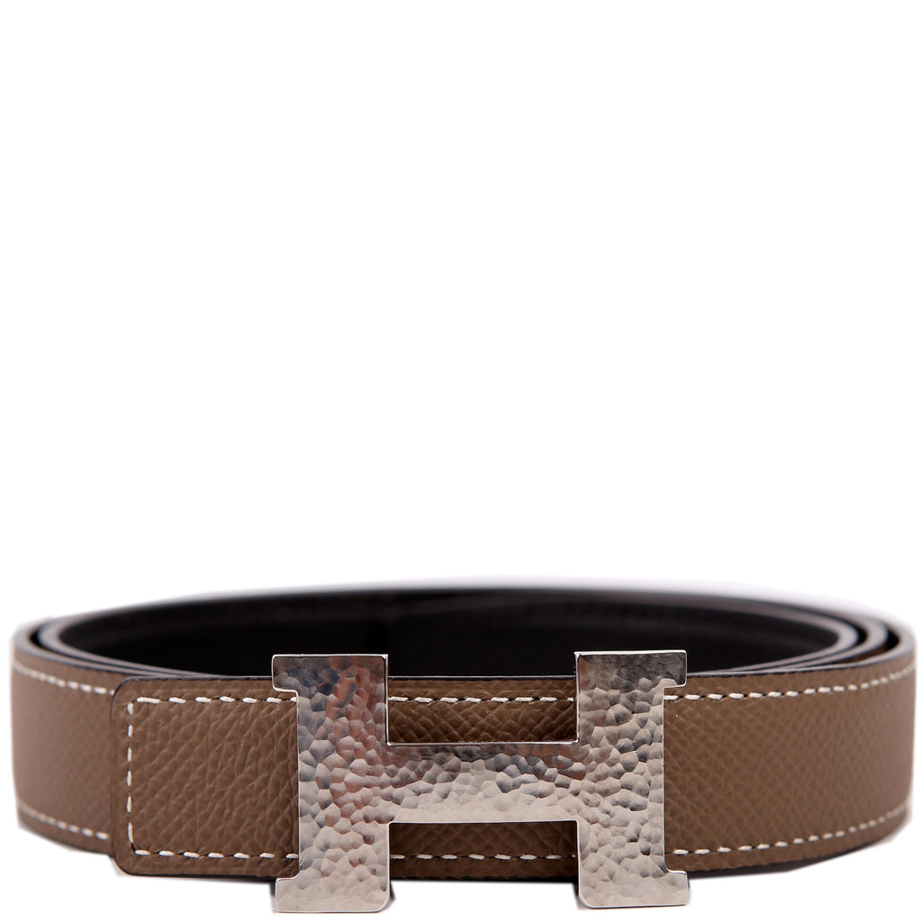 Hermes H Martelee Buck Reversible Leather Belt Size 80 Etoupe