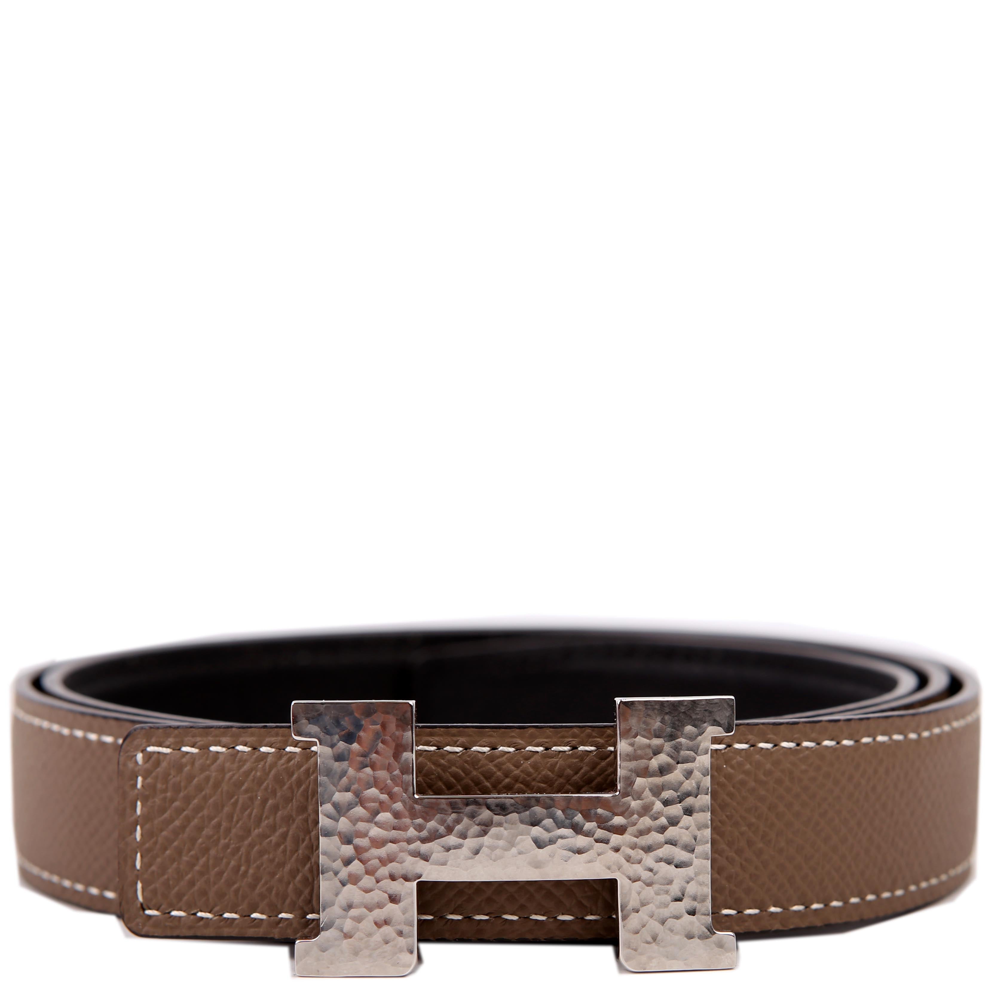Hermes H Martelee Buck Reversible Leather Belt Size 80 Etoupe
