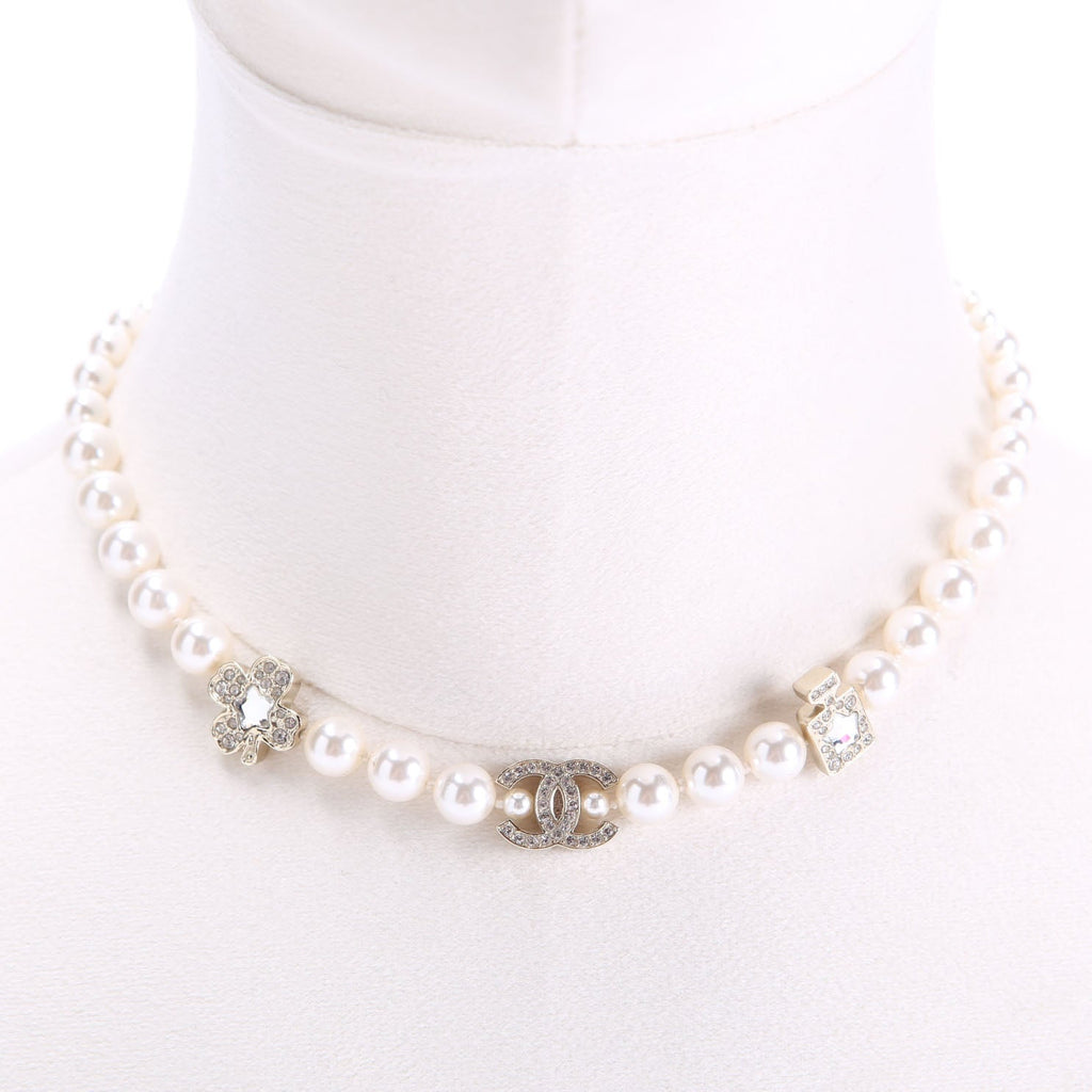 CC Crystal Charms Pearl Choker Necklace