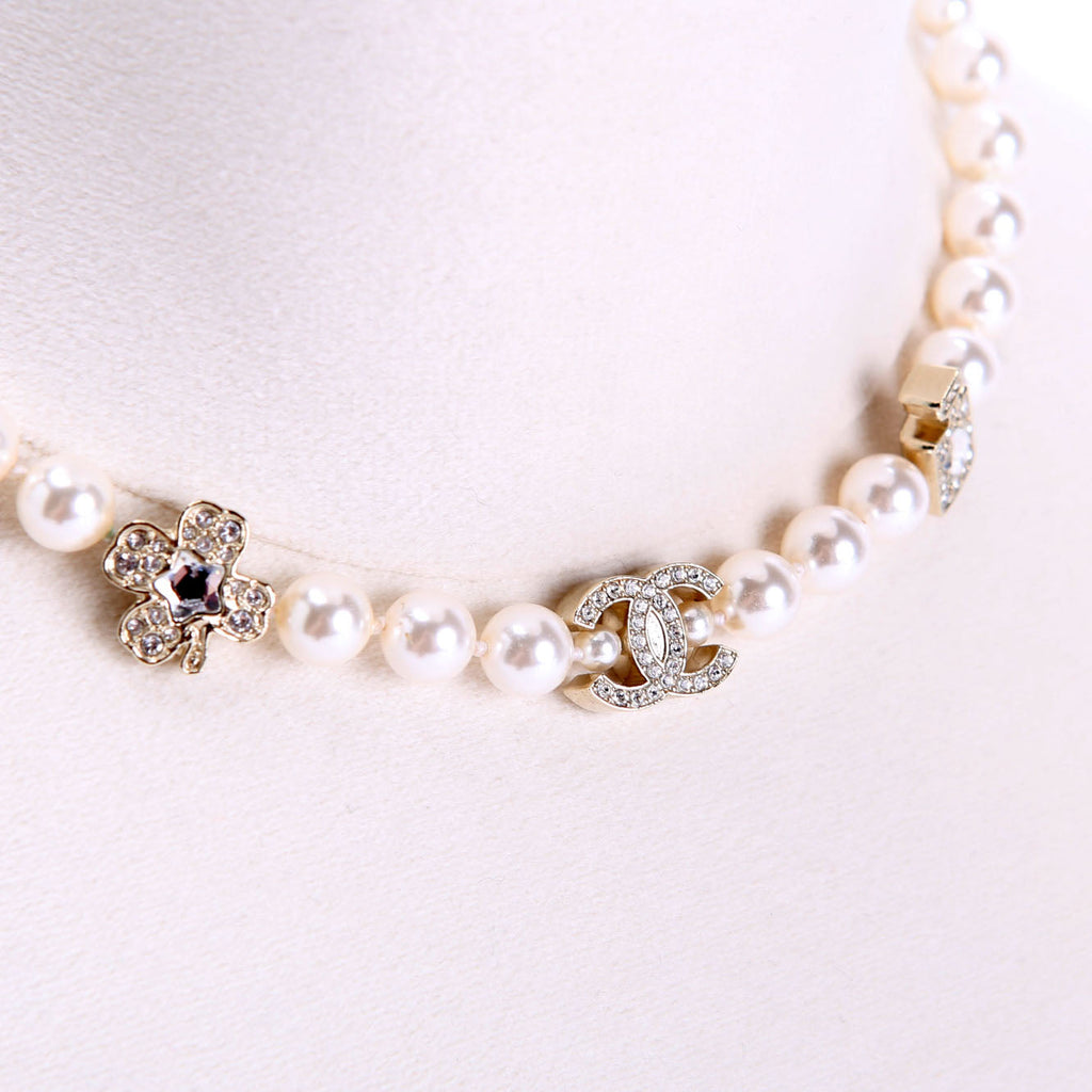 CC Crystal Charms Pearl Choker Necklace