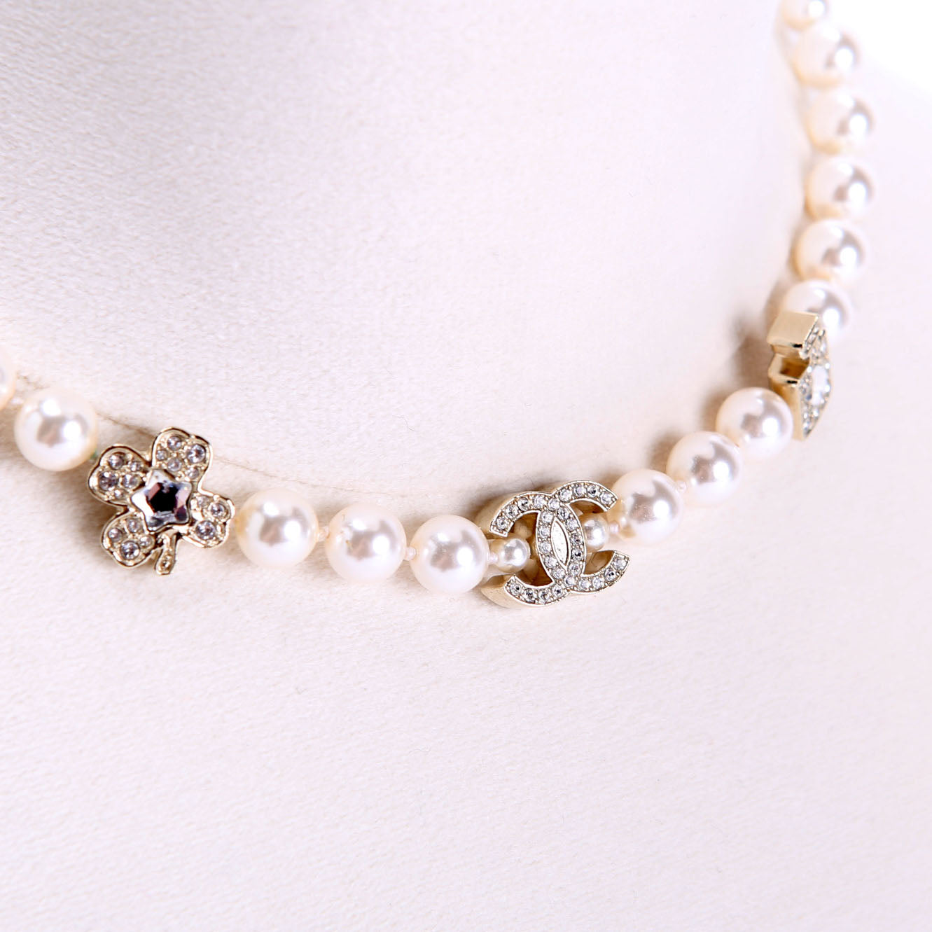 CC Crystal Charms Pearl Choker Necklace