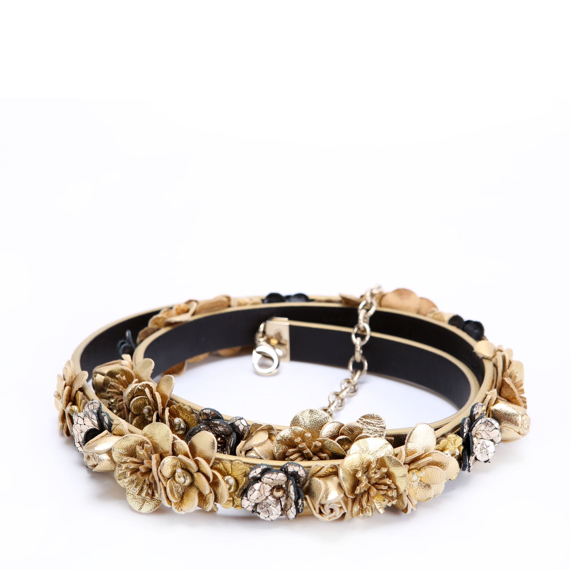 Paris-Greece Camellia Flowers Belt Size 85/34 Gold/Black