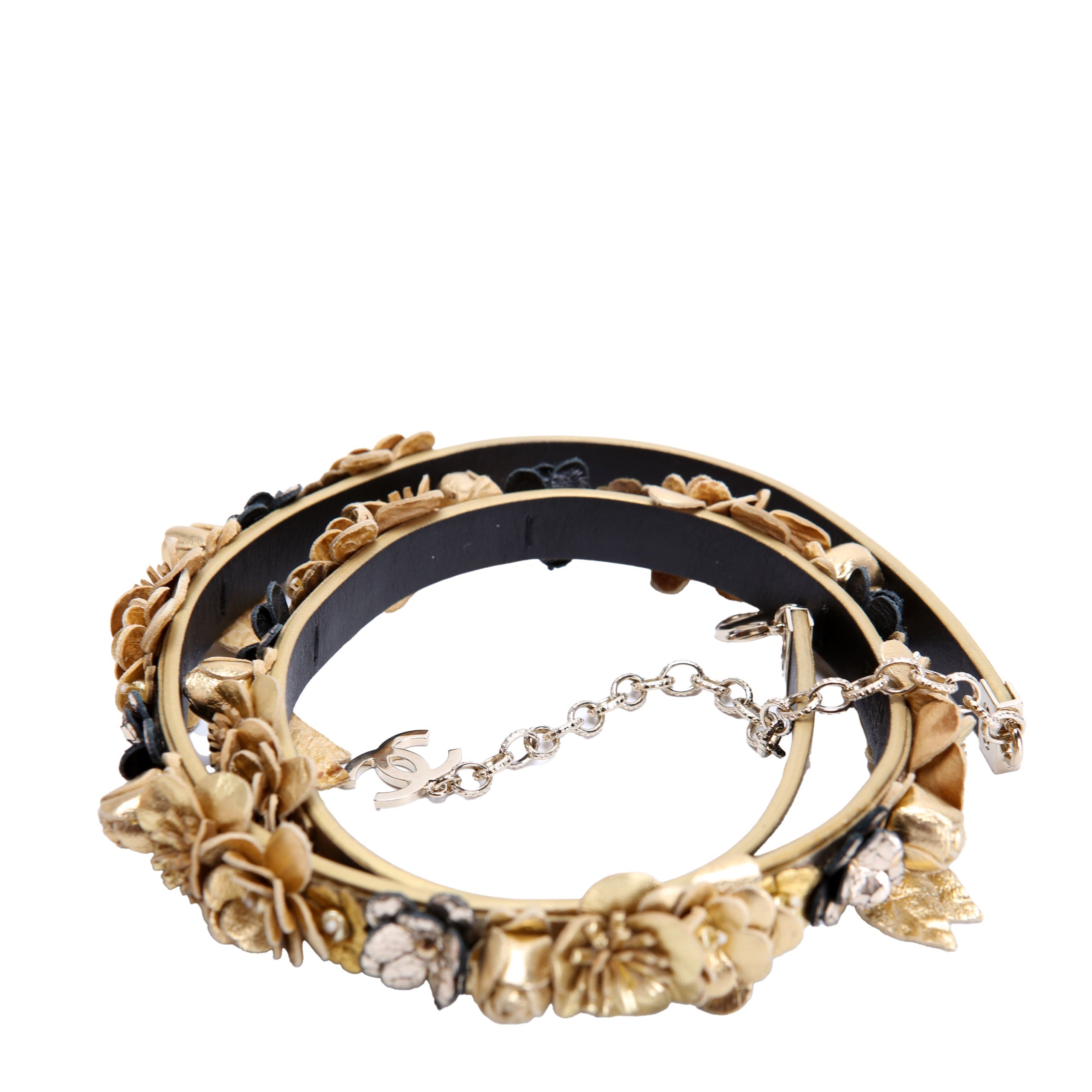 Paris-Greece Camellia Flowers Belt Size 85/34 Gold/Black