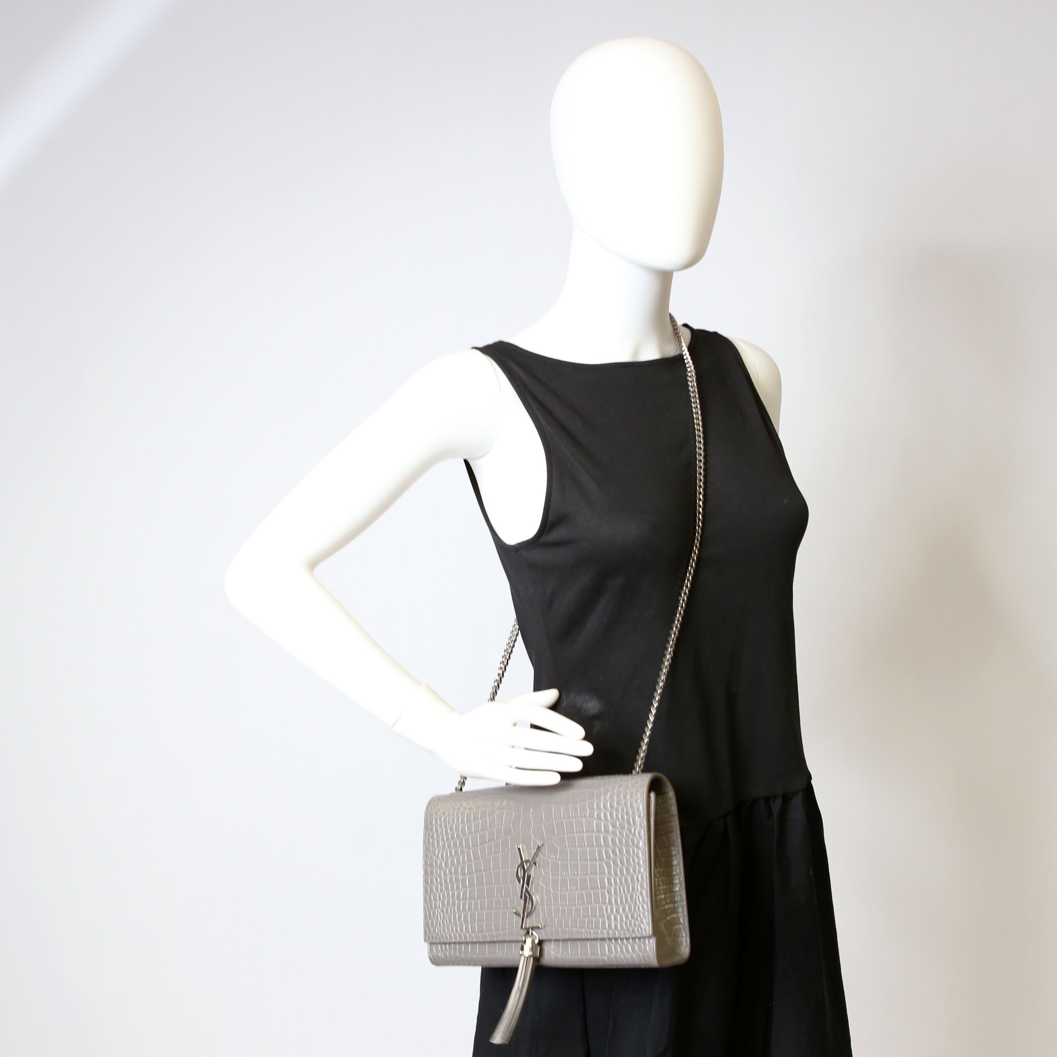 SAINT LAURENT Kate Tassel Satchel Medium Croc Embossed 354119 Grey