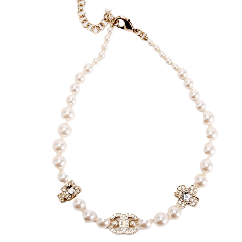 CC Crystal Charms Pearl Choker Necklace