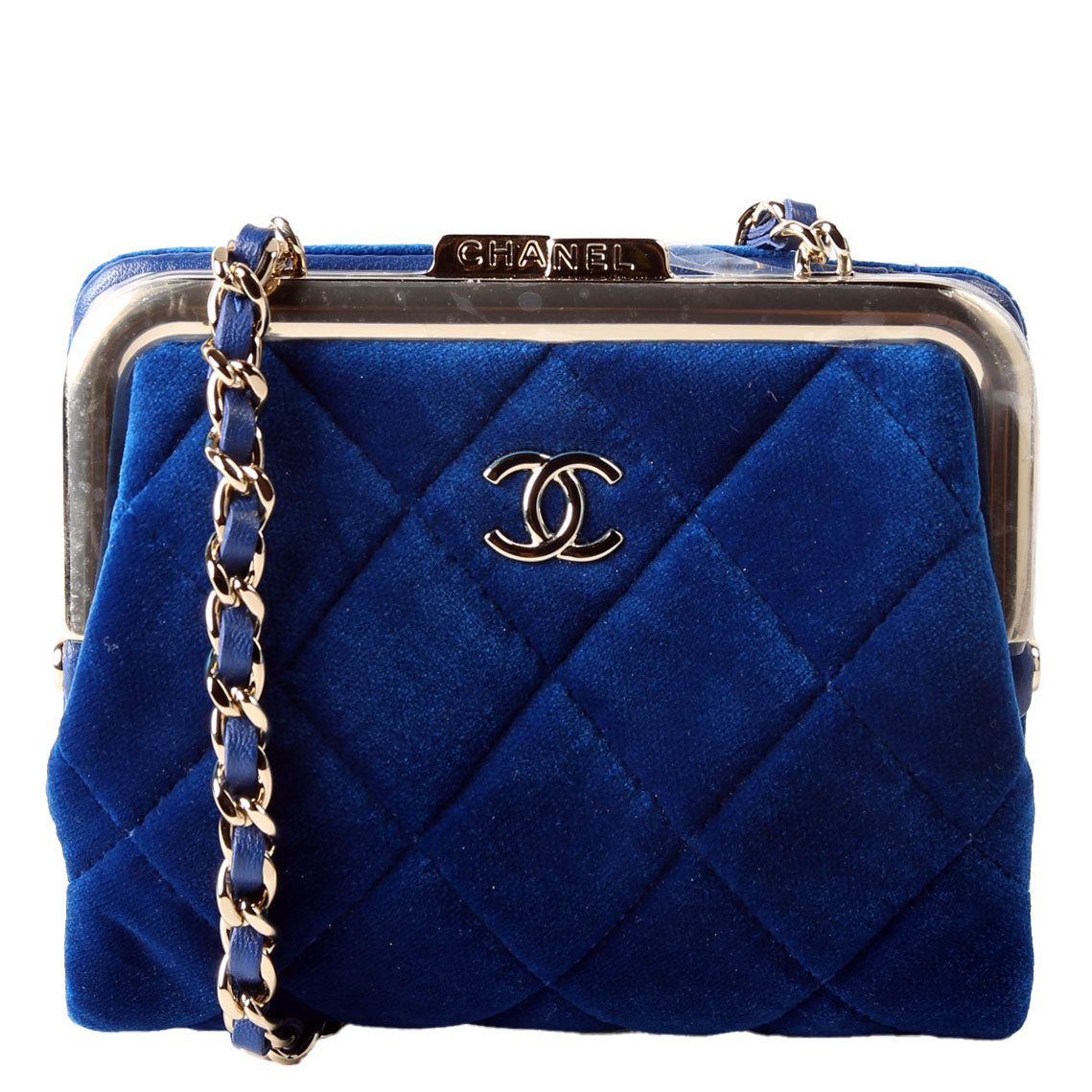 CC Quilted Velvet Coin Purse With Chain RFID Blue