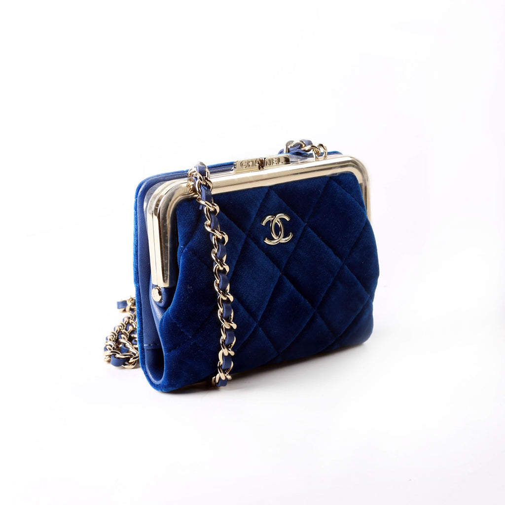 CC Quilted Velvet Coin Purse With Chain RFID Blue