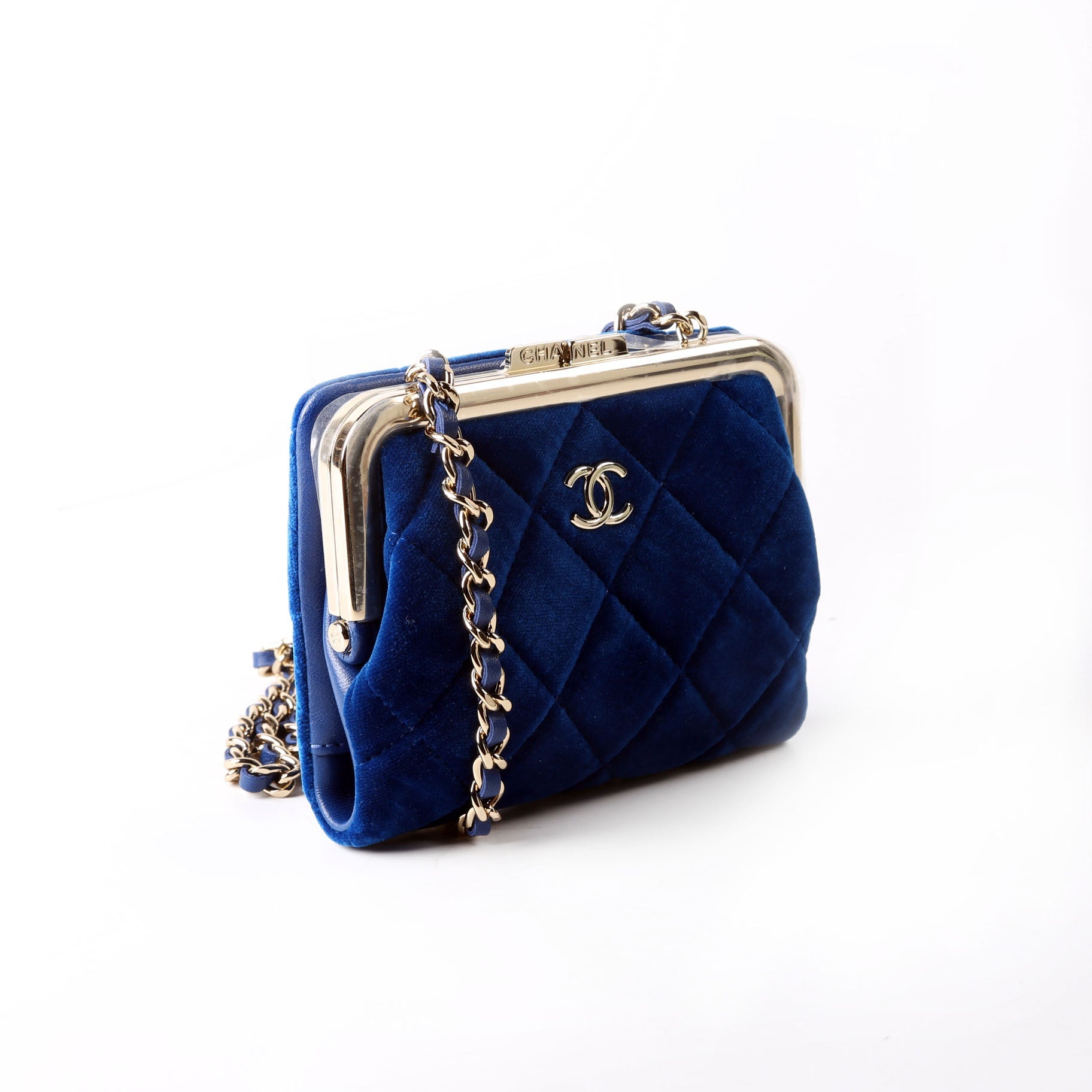 CC Quilted Velvet Coin Purse With Chain RFID Blue