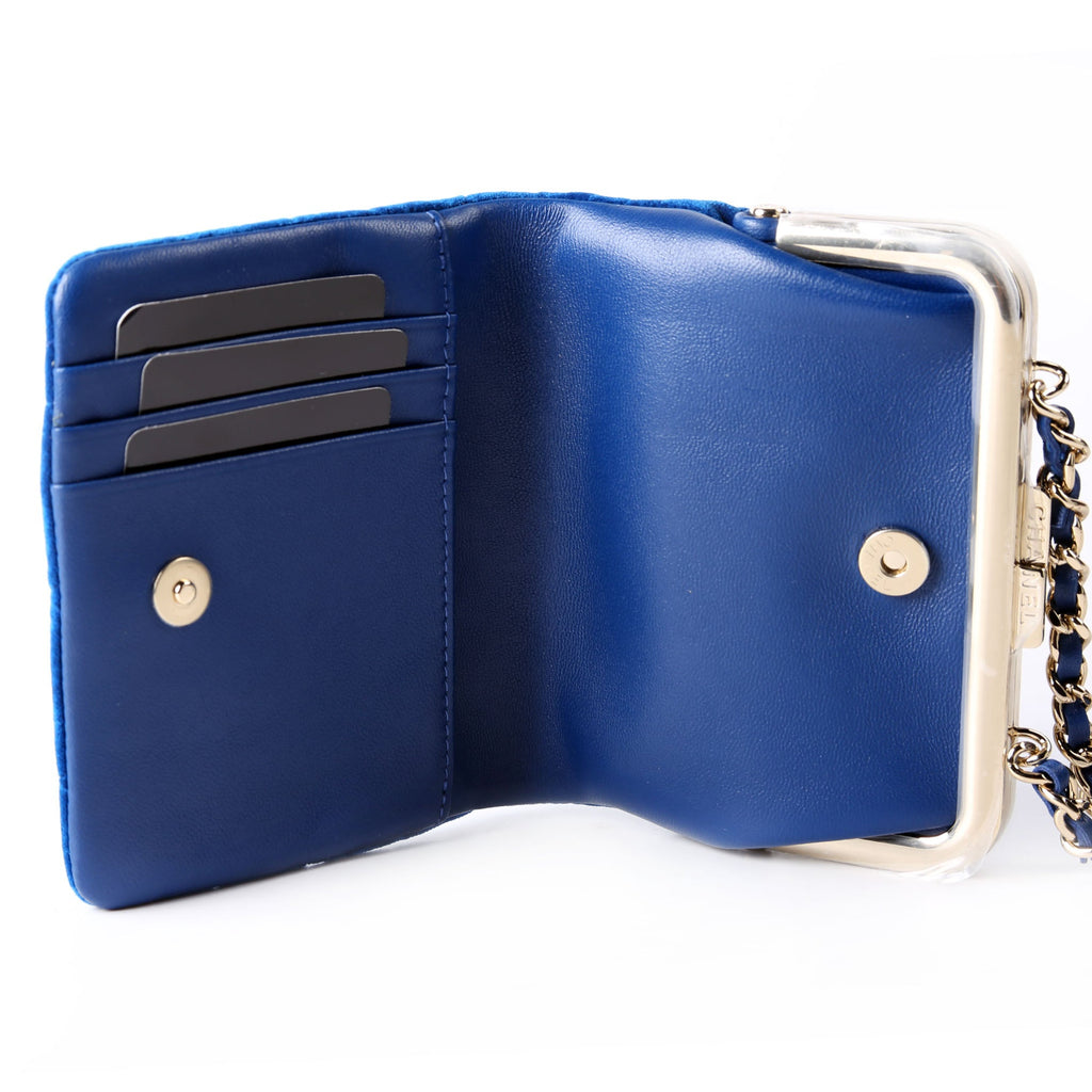 CC Quilted Velvet Coin Purse With Chain RFID Blue