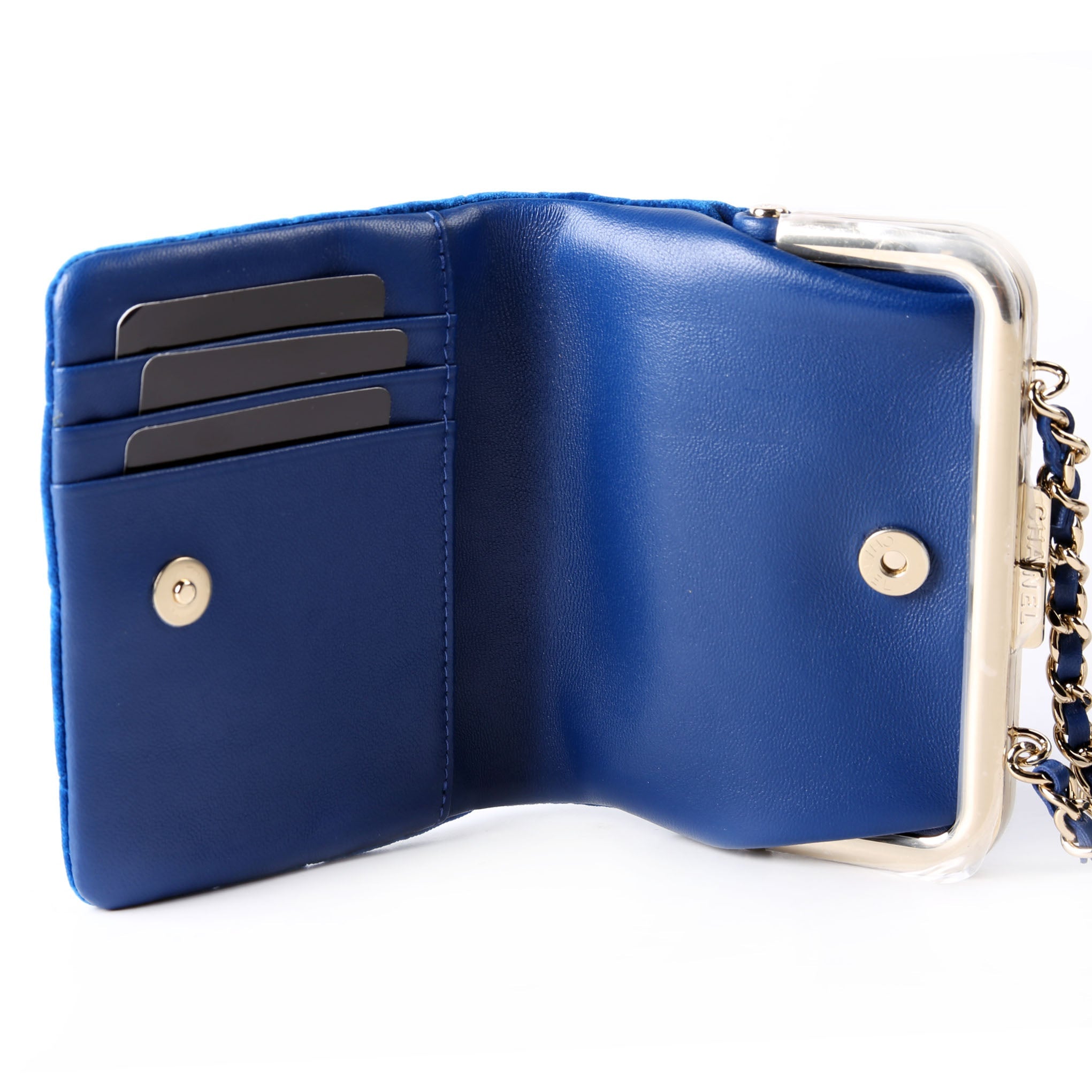 CC Quilted Velvet Coin Purse With Chain RFID Blue