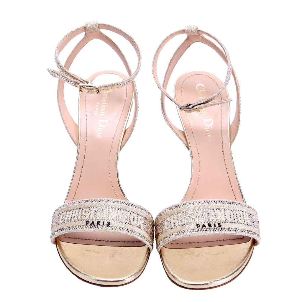 Dway Sandals Heels Embroidered Strass Size 38.5 Gold