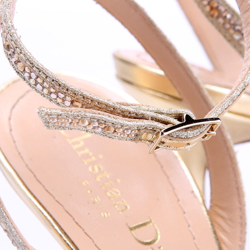 Dway Sandals Heels Embroidered Strass Size 38.5 Gold