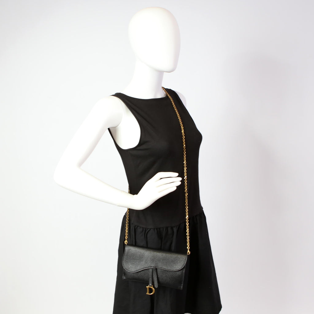 Dior Saddle Pouch With Chain Small Calfskin Black