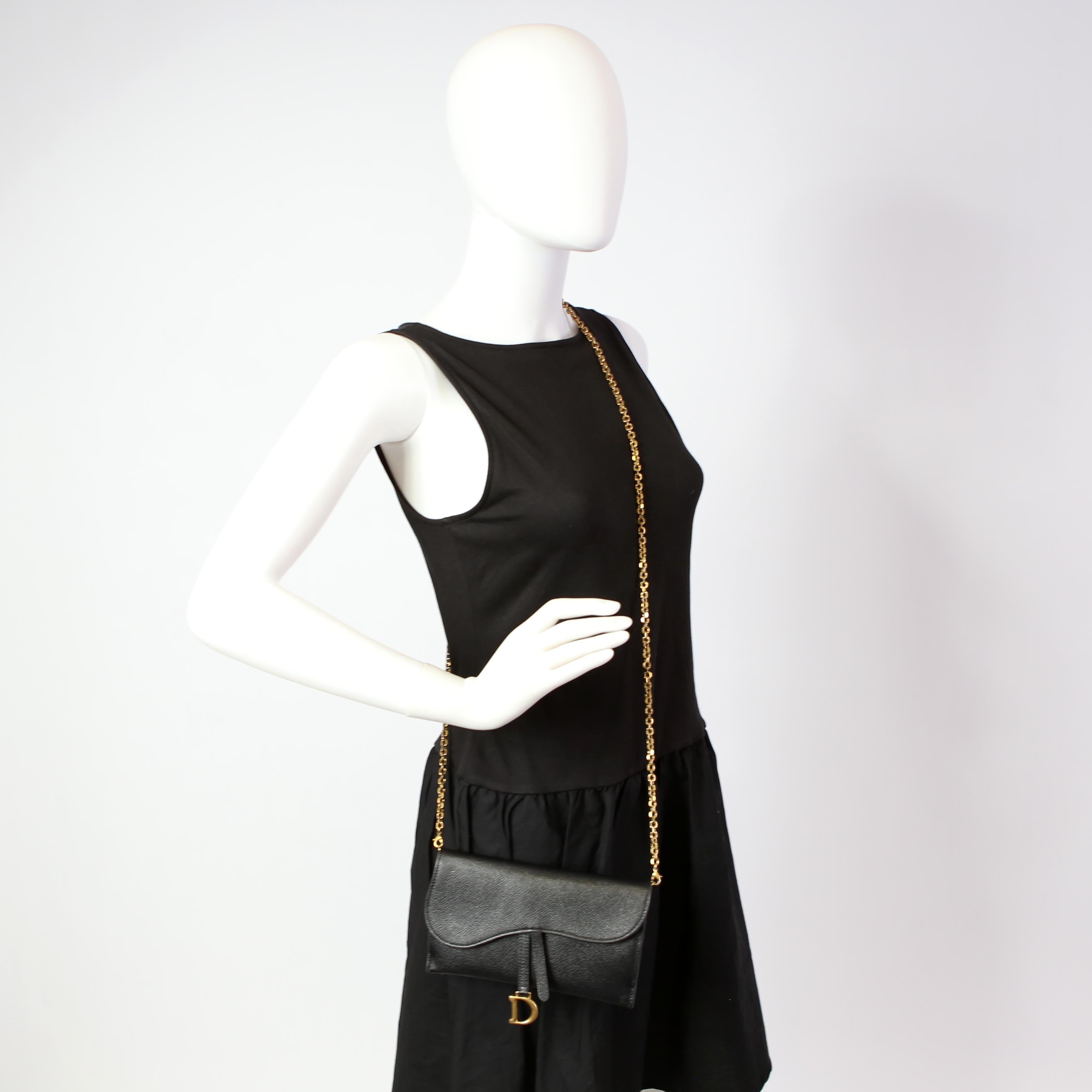 Dior Saddle Pouch With Chain Small Calfskin Black