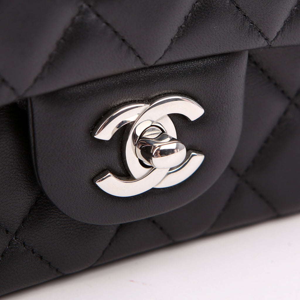 Classic Flap Mini Rectangle Lambskin RFID Black/Silver