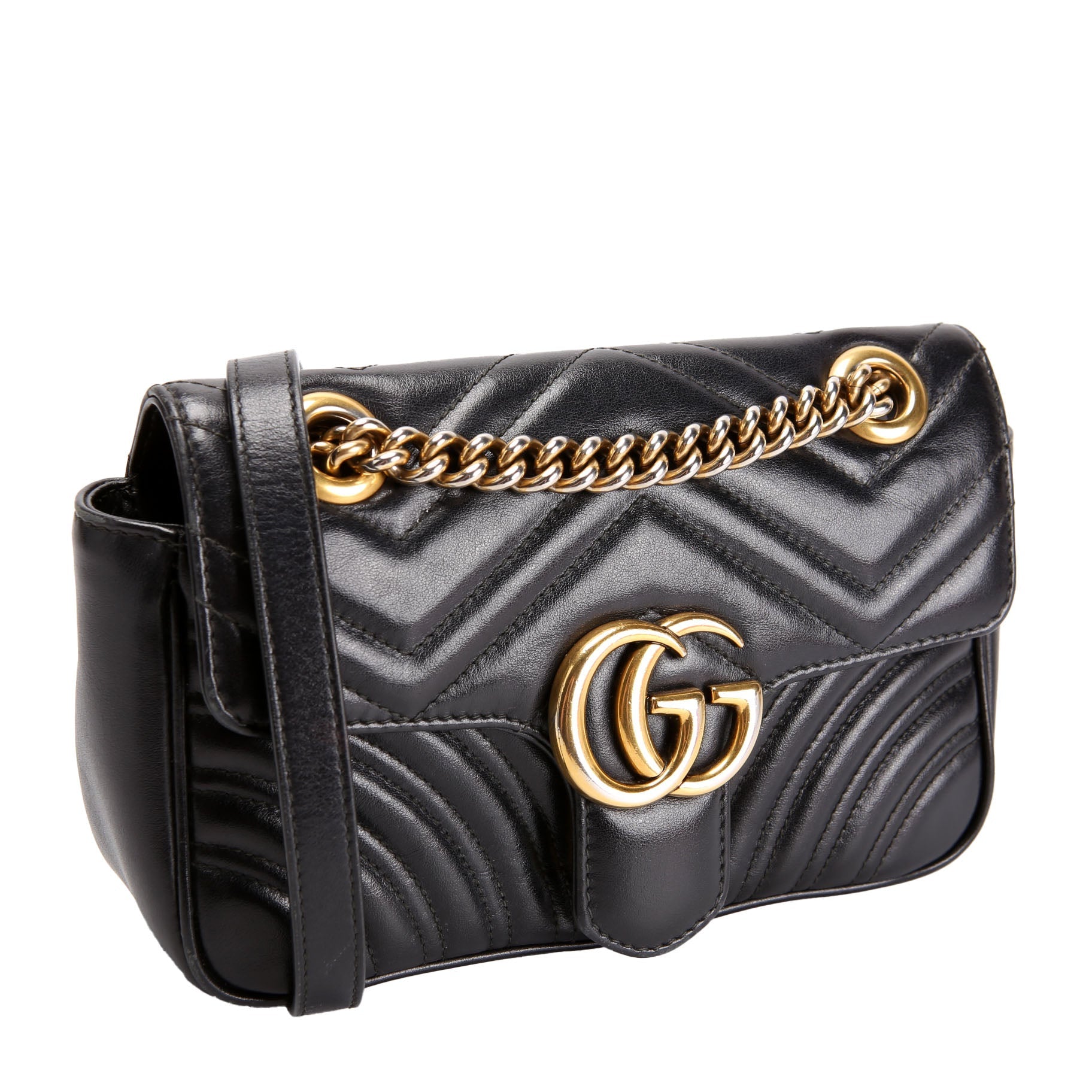 Gucci 446744 Marmont Leather Shoulder Mini Flap Black/Gold