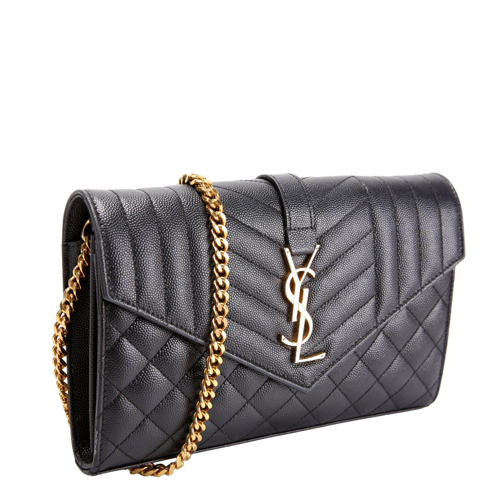 SAINT LAURENT Triquilt Grain De Chain Wallet 620280 Black/Gold
