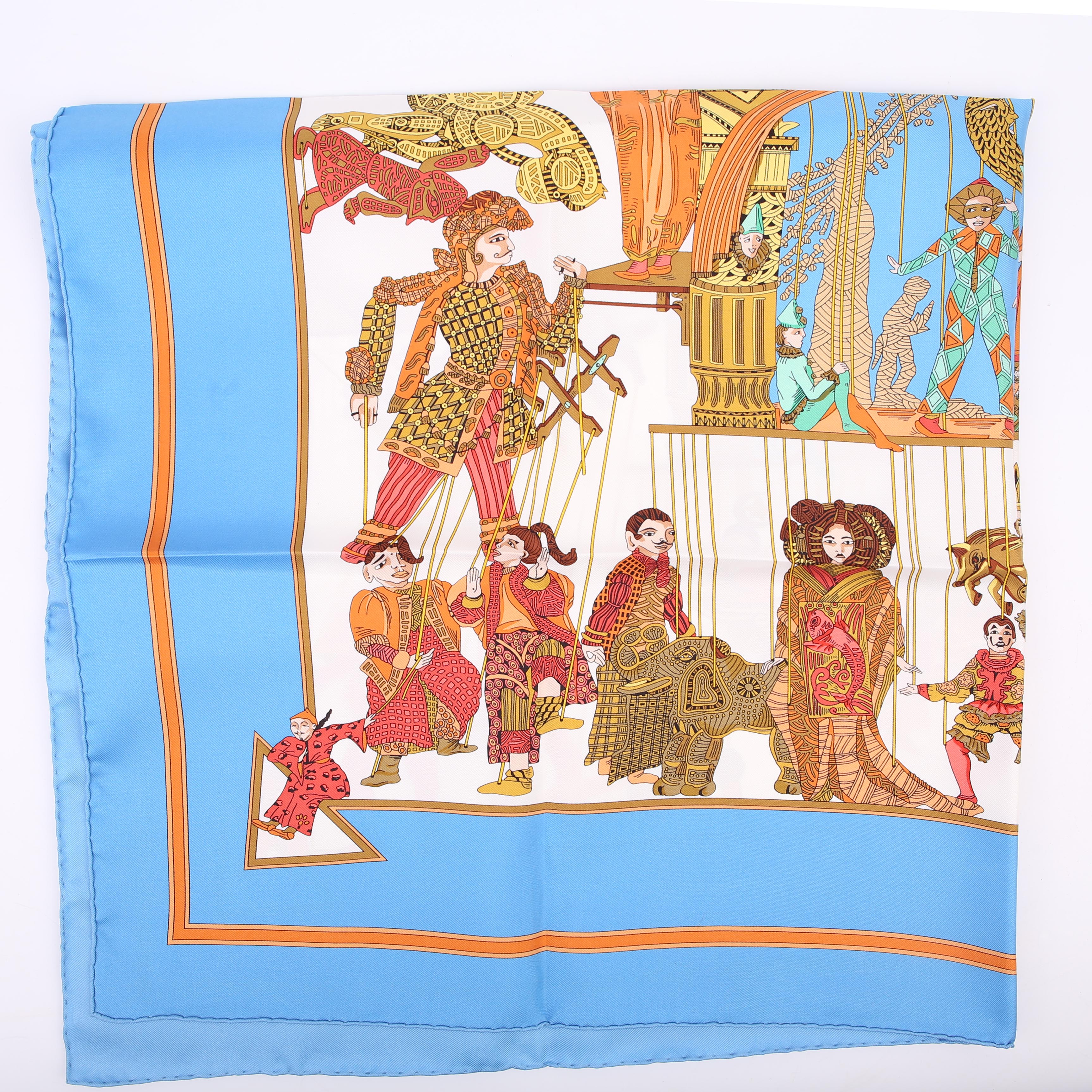 Hermes Le Temps De Marionnettes 90CM Silk Scarf Blue/Orange